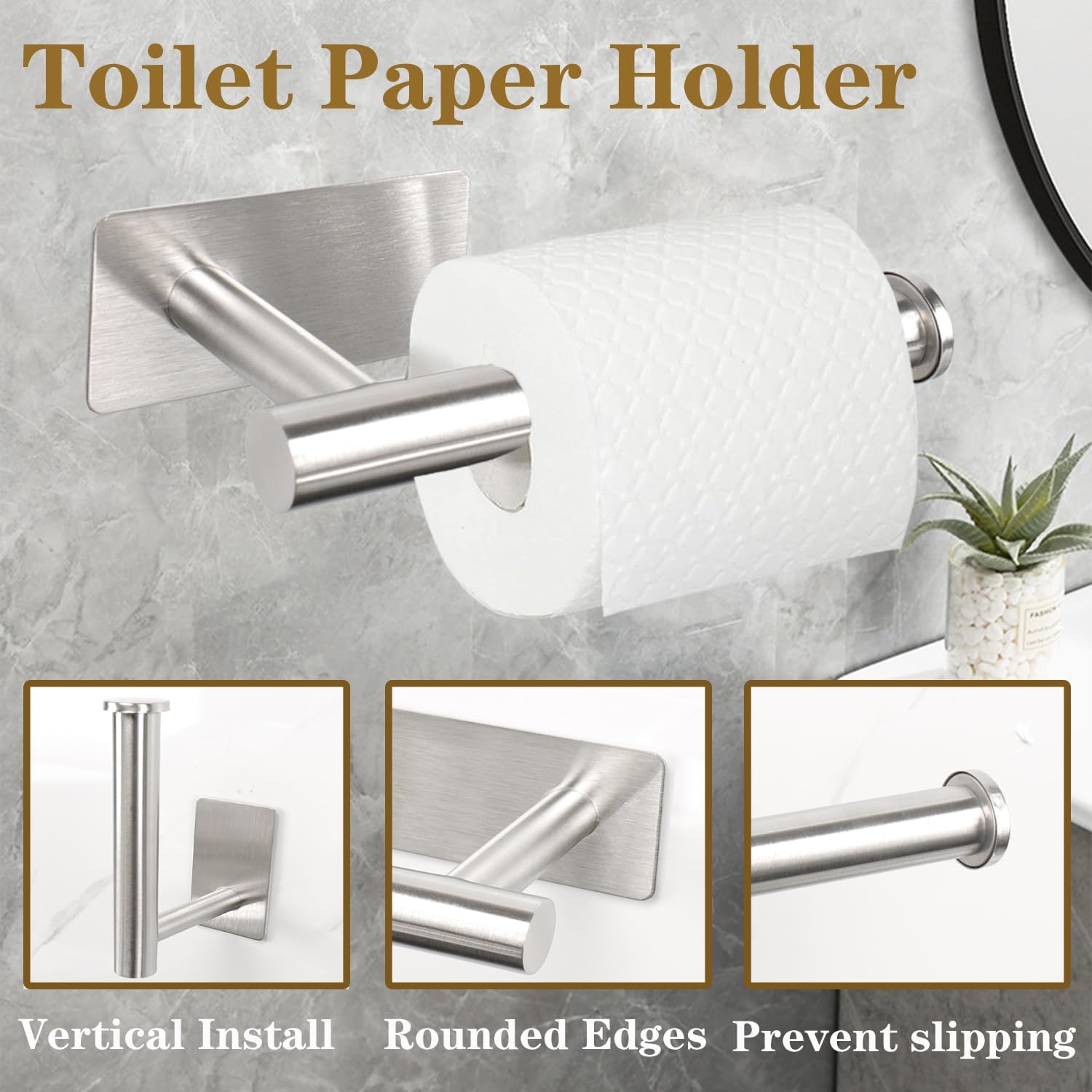 5 PCS Self Adhesive Bathroom Hardware Set, Stainless Steel Towel Rack Set Include Adjustable 24In Bath Towel Bar+Toilet Paper Holder+3 Towel/Robe Hooks Bathroom Accessory Kit(Brushed Nickel)