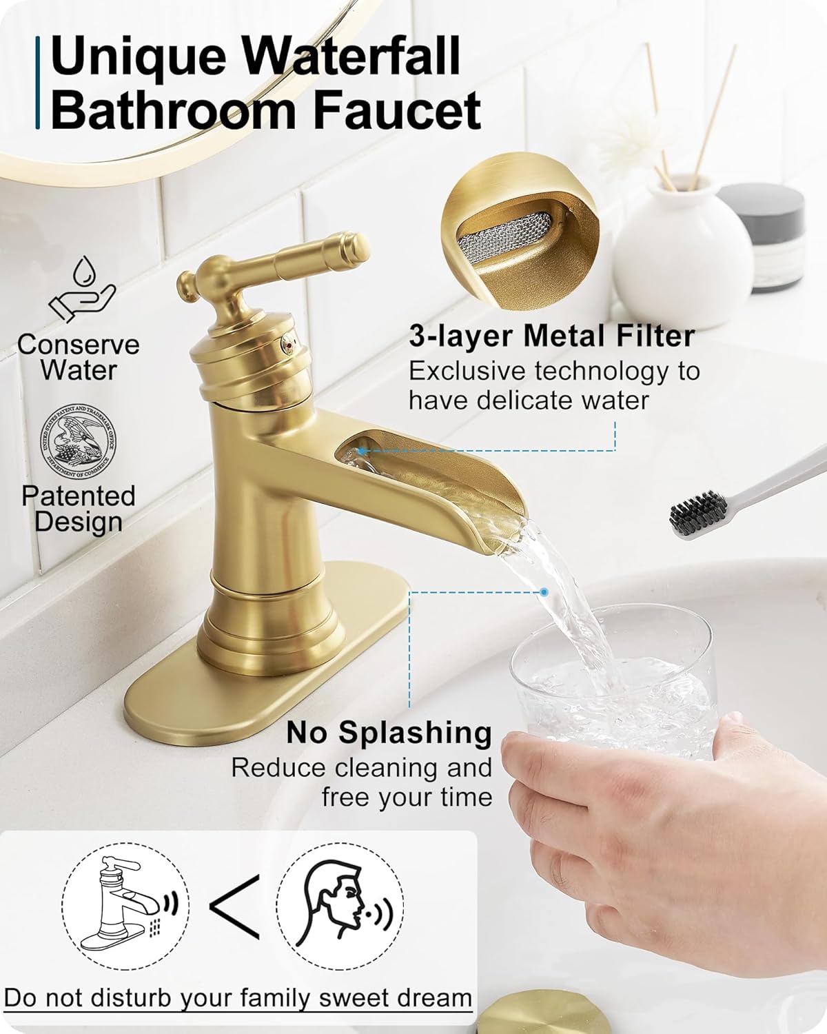 Waterfall Bathroom Sink Faucet, Brass Gold Bathroom Faucet 1 Hole, Single Handle Bathroom Faucets for Sinks, 4 Inch 3 Holes Faucet Bathroom Sink with Drain Deck Plate Supply Hoses for Lavatory