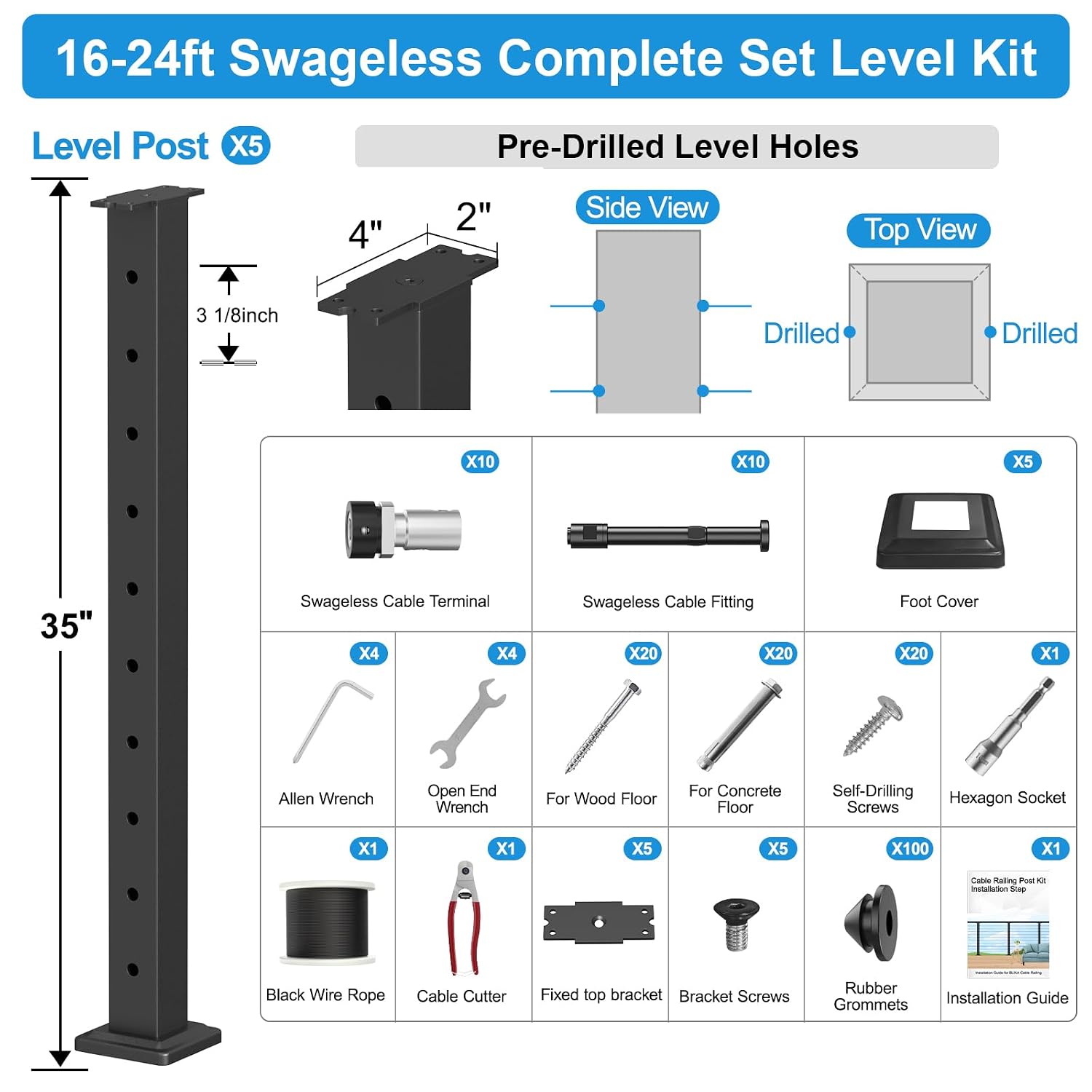 16-20FT Complete Cable Railing Kit for Decks 36" Surface Mount
