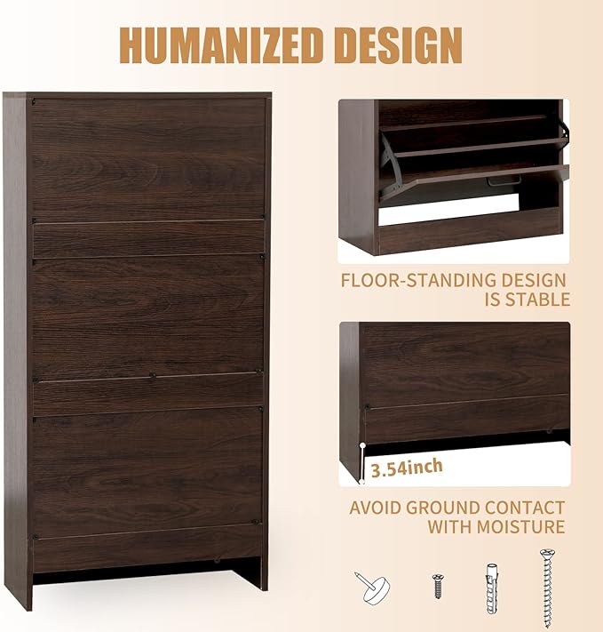 Shoe Cabinet with 3 Flip Drawers, Walnut Brown Freestanding Storage Racks