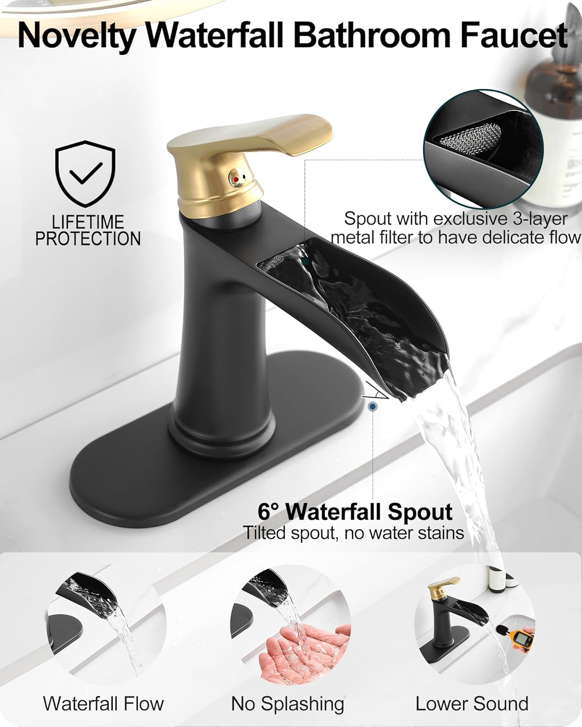 Brass Black and Gold Bathroom Faucet Waterfall, 1 Handle Bathroom Faucets for Sink 1 Hole or 3 Hole (4 Inch) with Drain Supply Hose & Deck Plate