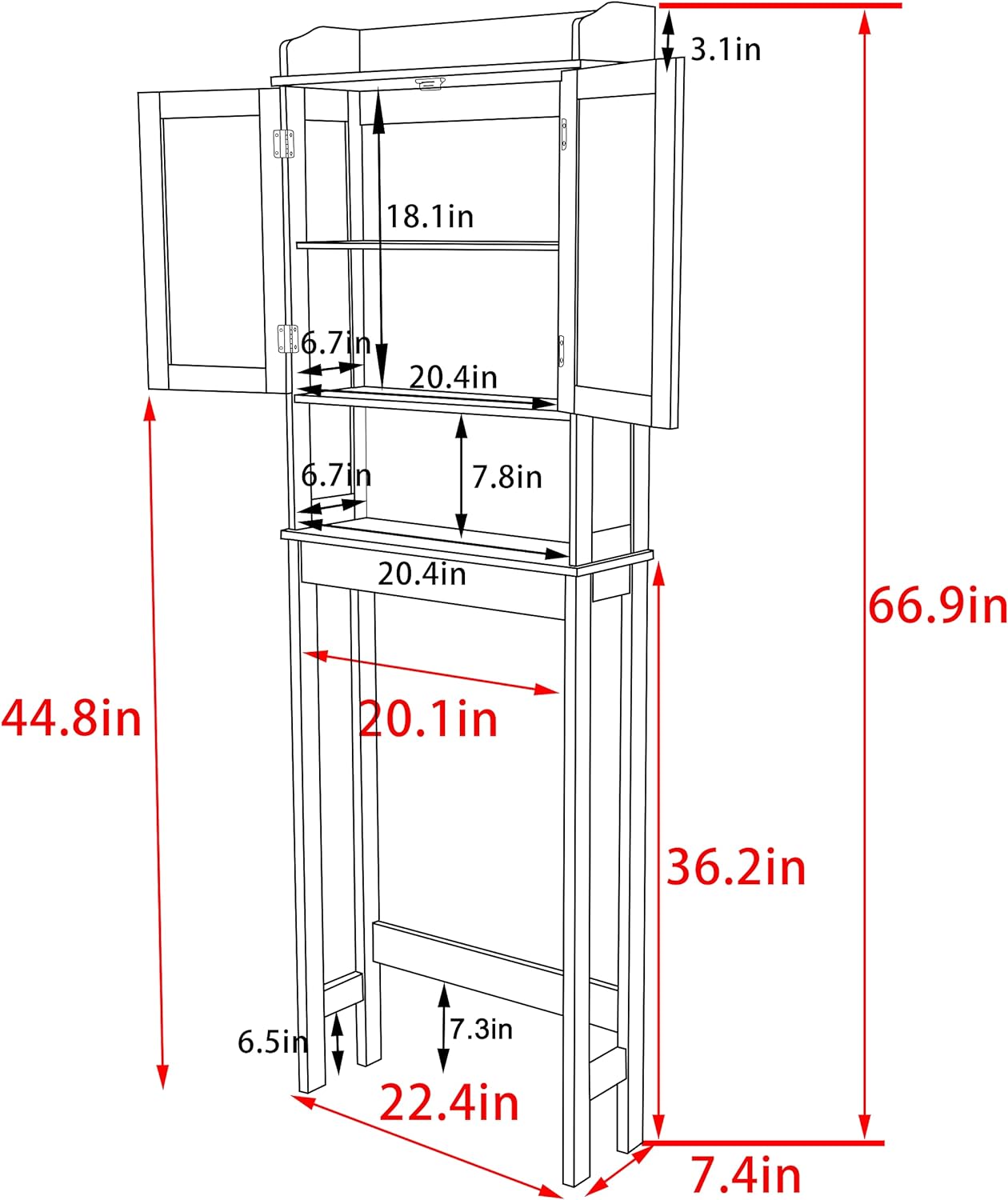 Bathroom Over-The-Toilet Storage Cabinet Organizer with Shelves and Doors, Small Freestanding Toilet Shelf