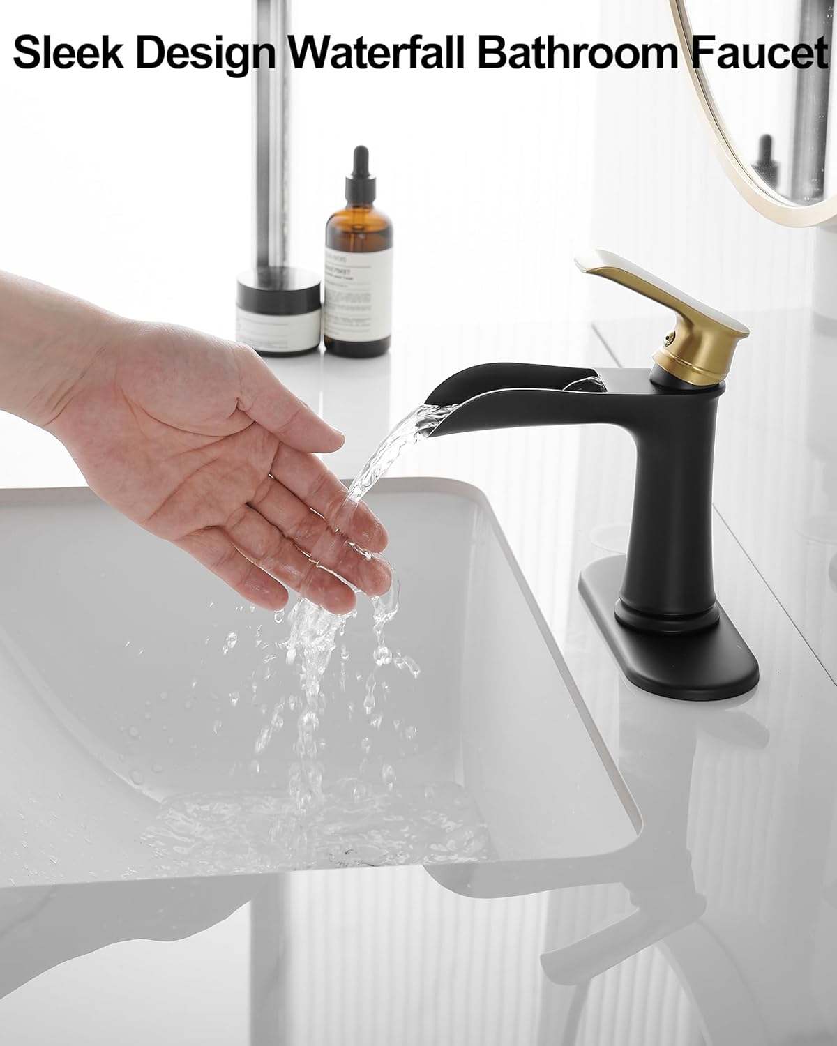 Brass Black and Gold Bathroom Faucet Waterfall, 1 Handle Bathroom Faucets for Sink 1 Hole or 3 Hole (4 Inch) with Drain Supply Hose & Deck Plate