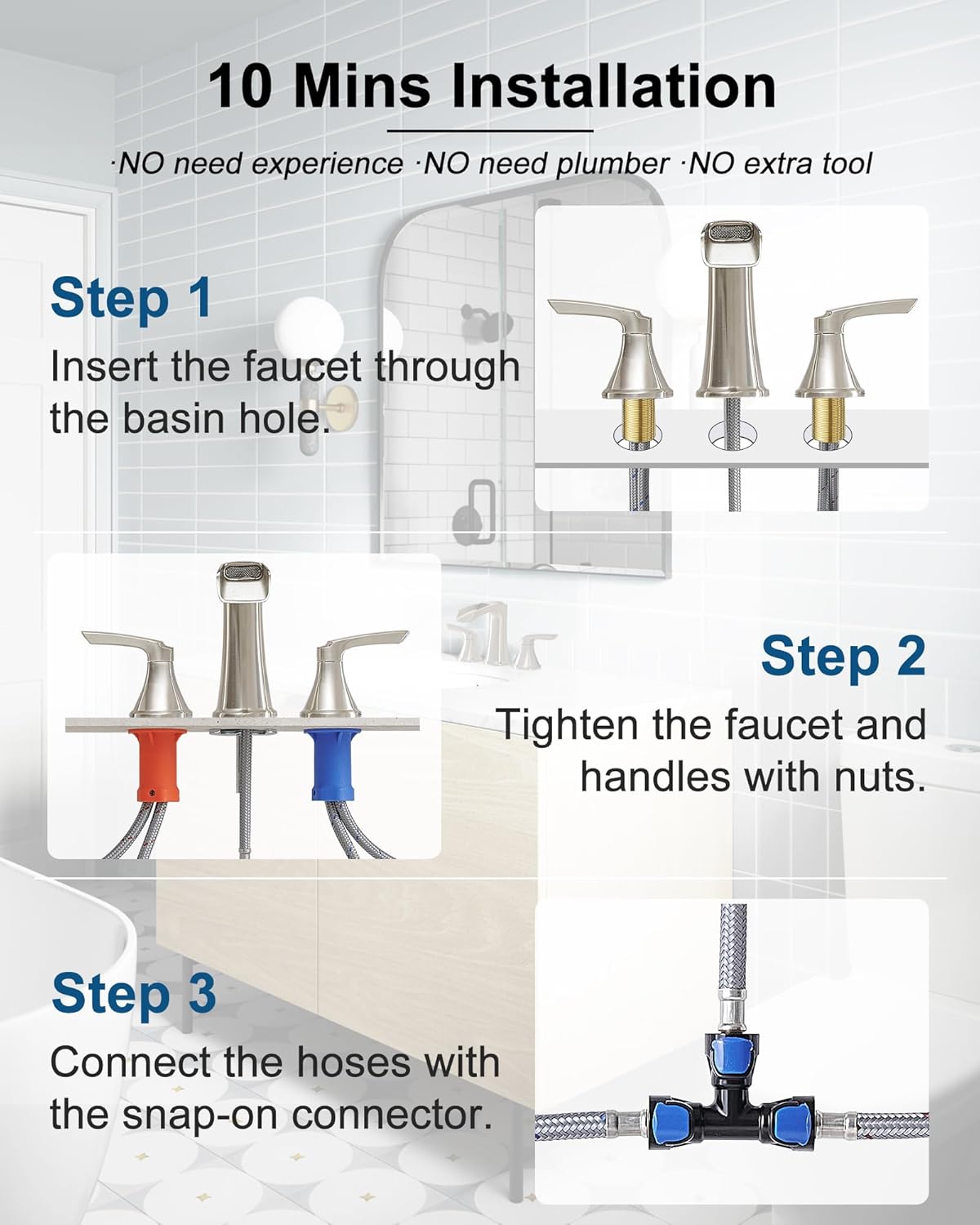 Brushed Nickel Bathroom Faucets, Brass Widespread Waterfall Faucet for Bathroom Sink, 3 Hole Bathroom Sink Faucet, 4-16 Inch 2 Handle Bathroom Vanity Faucets with Pop-up Drain for Lavatory RV