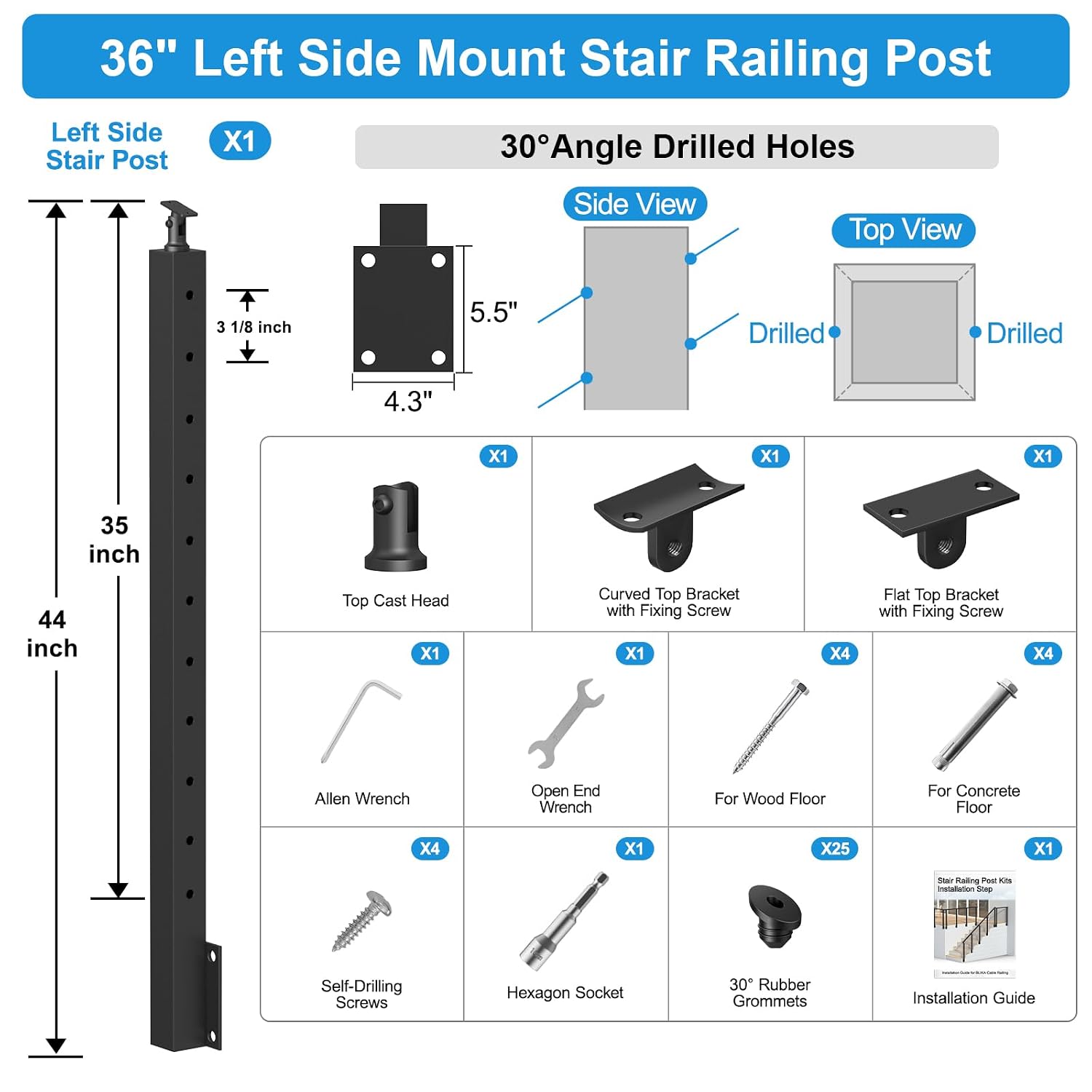 36" Side Mount Stair Railing Post, Stainless Steel Left Side 25-35 Degrees Stair Post