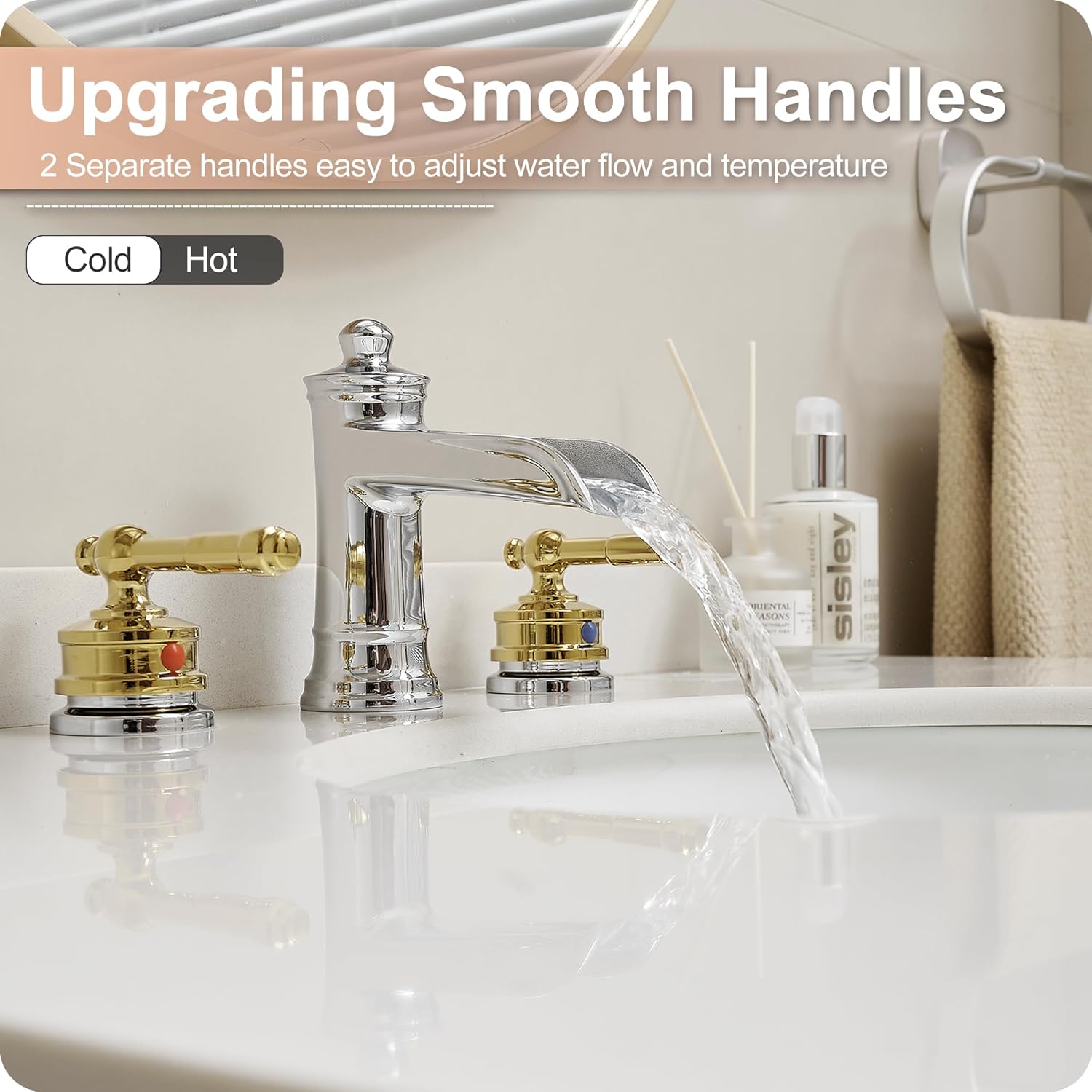 3 Hole Bathroom Faucet, Brass Waterfall Bathroom Sink Faucet, Chrome Gold 4-16 Inch Bathroom Faucets, 2 Handle Bathroom Widespread Faucet with Pop-up Drain & Supply Hoses, Unique, Lifetime Use