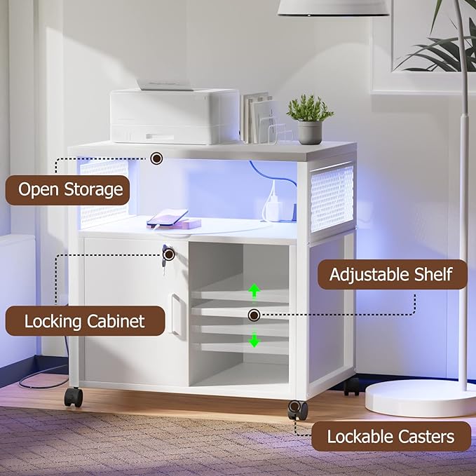 File Cabinet, Rolling Printer Stand with LED Lights, Power Outlets and USB Charging Ports