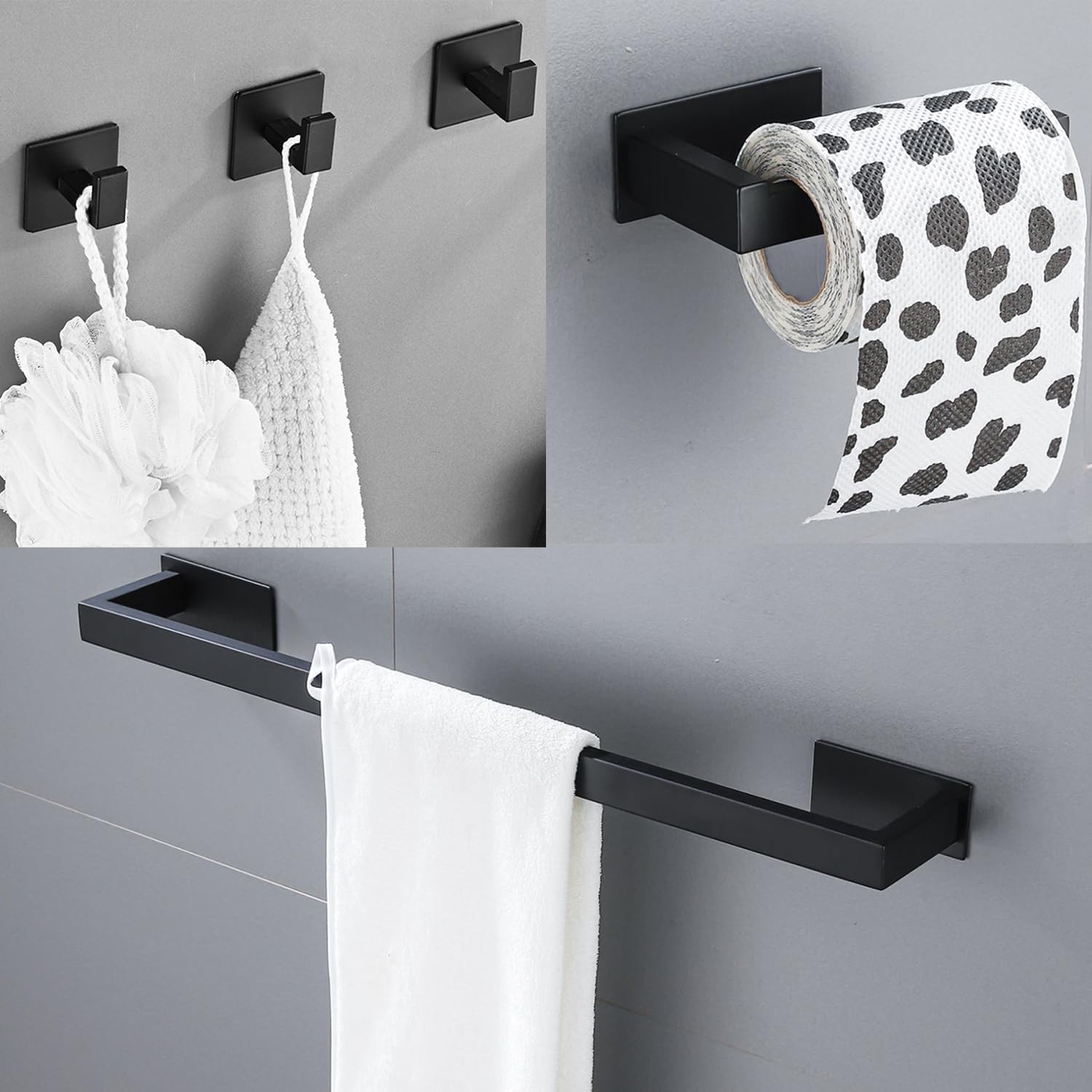 5 Pieces Self Adhesive Bathroom Hardware Set-SUS304 Stainless Steel-Towel Rack Set Include 16″Towel Bar+Toilet Paper Holder+3 Towel/Robe Hooks Bathroom Accessory (Matte Black, 16 in)