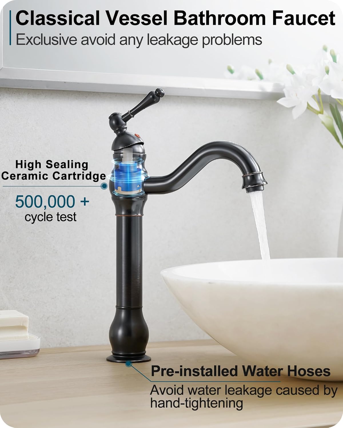 Oil Rubbed Bronze Bathroom Faucet 1 Hole, Brass Tall Bathroom Faucet Single Handle, 360 Degree Swivel Bath Faucet, Vessel Sink Faucet Bathroom Faucets with Pop-up Drain & Aerator for Farmhouse