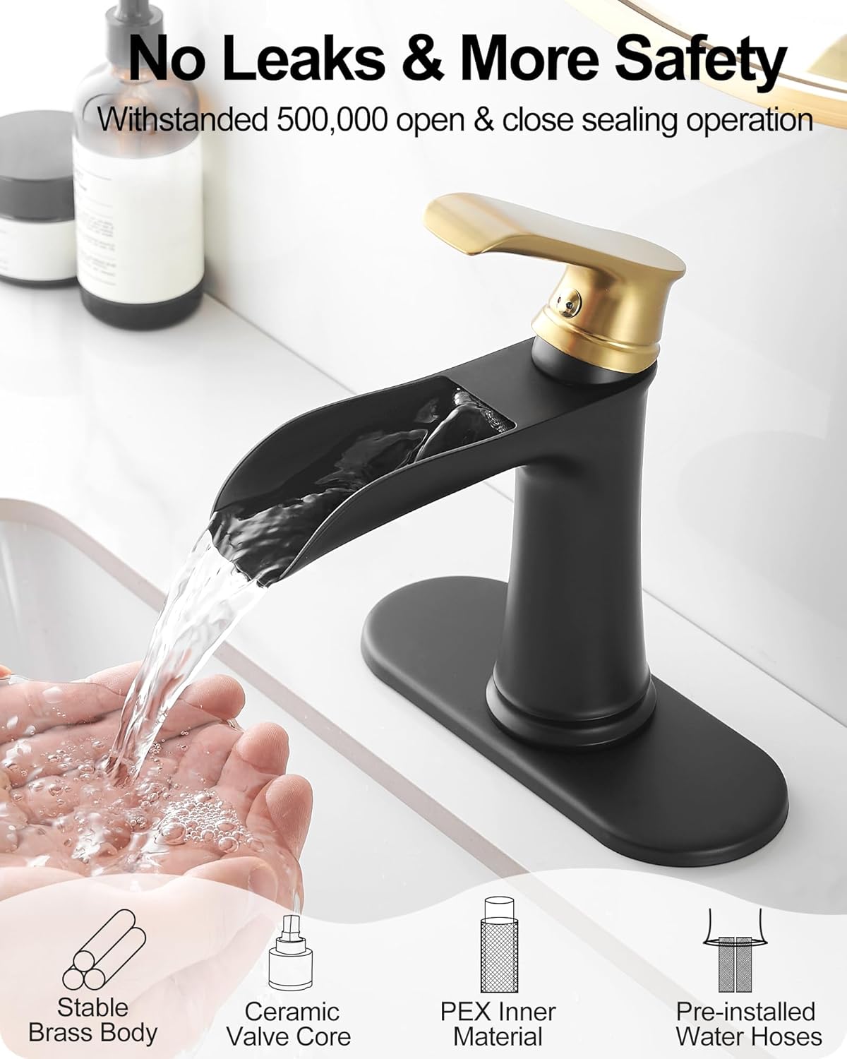 Brass Black and Gold Bathroom Faucet Waterfall, 1 Handle Bathroom Faucets for Sink 1 Hole or 3 Hole (4 Inch) with Drain Supply Hose & Deck Plate