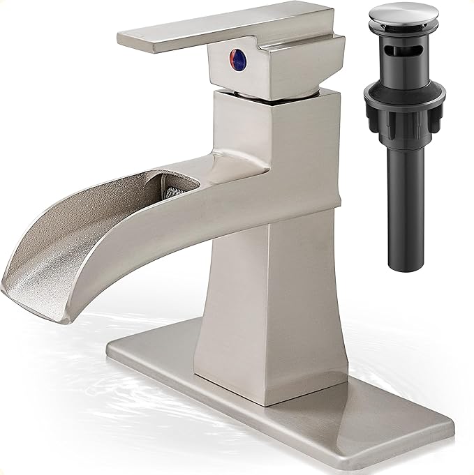 Waterfall Bathroom Sink Faucet, Brass Brushed Nickel Bathroom Faucet One Handle, 4 Inch Bathroom Faucets Single Hole with Pop-Up Drain Hoses & Deck Plate for Vanity Lavatory RV