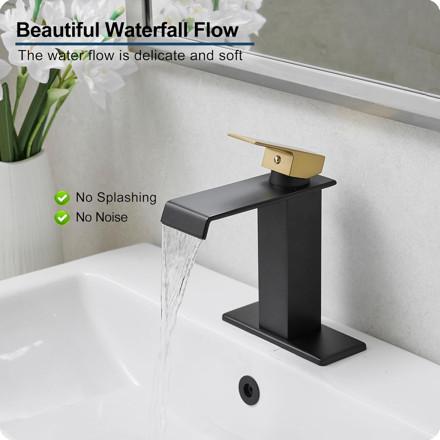 Black and Gold Bathroom Faucet Waterfall, Brass Bathroom Sink Faucet Single Handle, Bathroom Faucets One Hole or 3 Hole Bathroom Sink Faucets with Deck Plate & Pop-up Drain for Shopping Malls