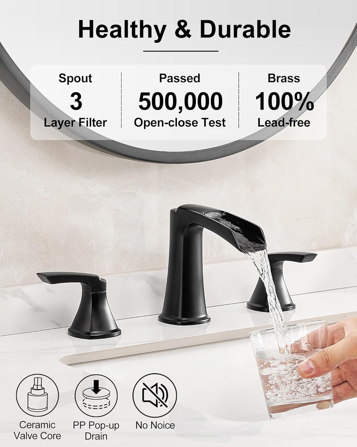 Black Widespread Bathroom Faucet, Brass Waterfall Bathroom Sink Faucet 3 Hole, 2 Handle Bathroom Faucets 8 Inch Faucet for Bathroom Sink Vanity Lavatory Farmhouse RV with Pop-up Drain & Hose