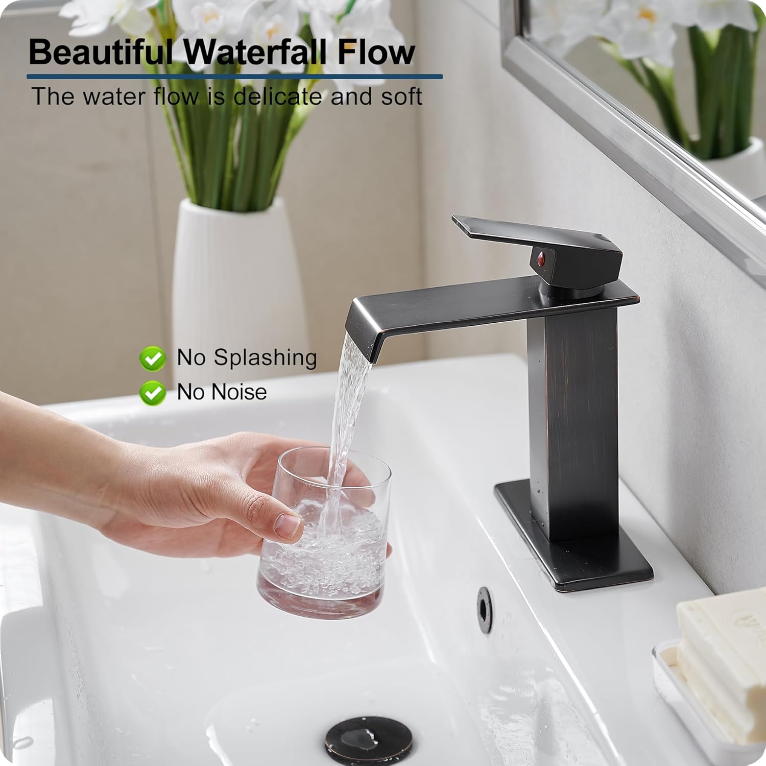 Oil Rubbed Bronze Bathroom Faucet Waterfall Faucet, Brass Single Handle Bathroom Sink Faucet 1 Hole or 3 Holes, 4 Inch Bathroom Faucets with Deck Plate & Pop-Up Drain for Farmhouse Quick Install