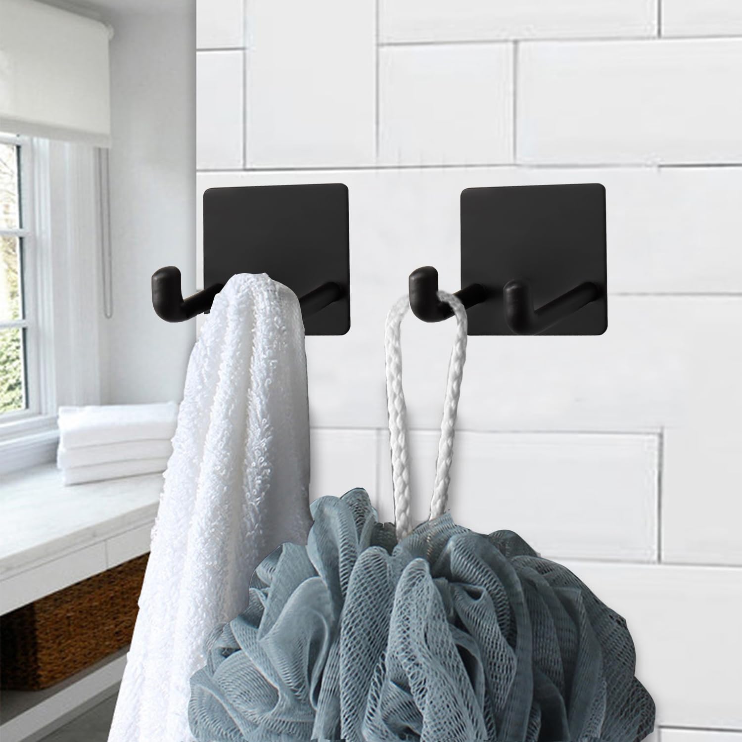 Razor Holder, Self Adhesive Towel Hooks for Bathroom, 6 Pack Stainless Steel Sticky Shower Razor Hook Waterproof Shaver Hanger Double Wall Hooks for Hanging Plug Loofah Robe(Matte Black)