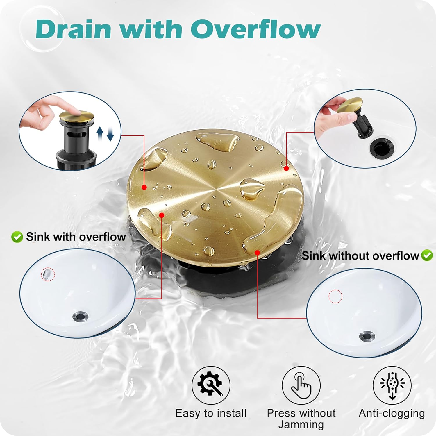 Brushed Gold Sink Faucet Bathroom Brass Waterfall Bathroom Faucet Single Handle, Lavatory Faucets Bathroom, 4 Inch 1 or 3 Hole Bathroom Faucet with Pop-Up Drain & Deck Plate Quick Install