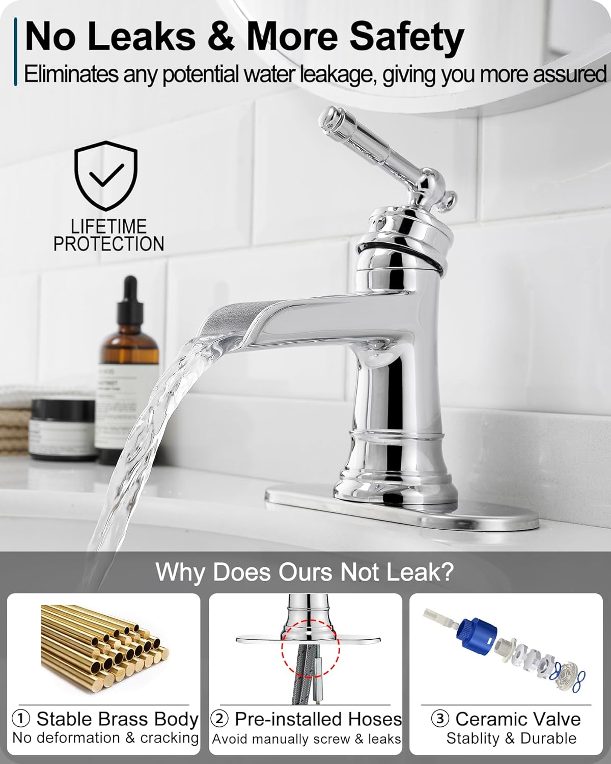 Bathroom Waterfall Faucet, Brass Chrome Bathroom Faucet, Bathroom Sink Faucet One Hole, 3 Hole (4 Inch) Bathroom Faucets Single Handle with Drain Deck Plate Supply Hoses for Lavatory Vanity