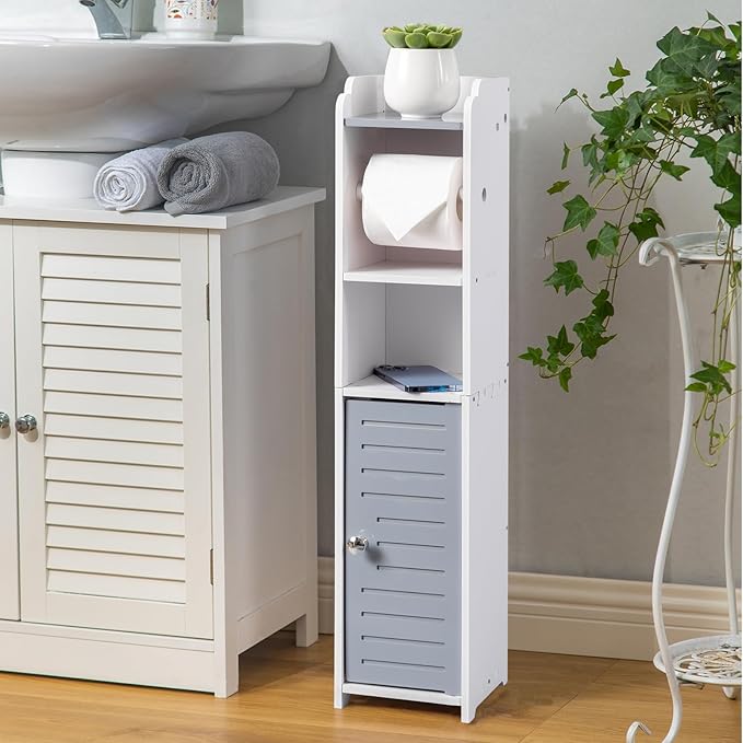 Toilet Paper Holder Stand: Small Bathroom Storage Cabinet - Light Grey - White