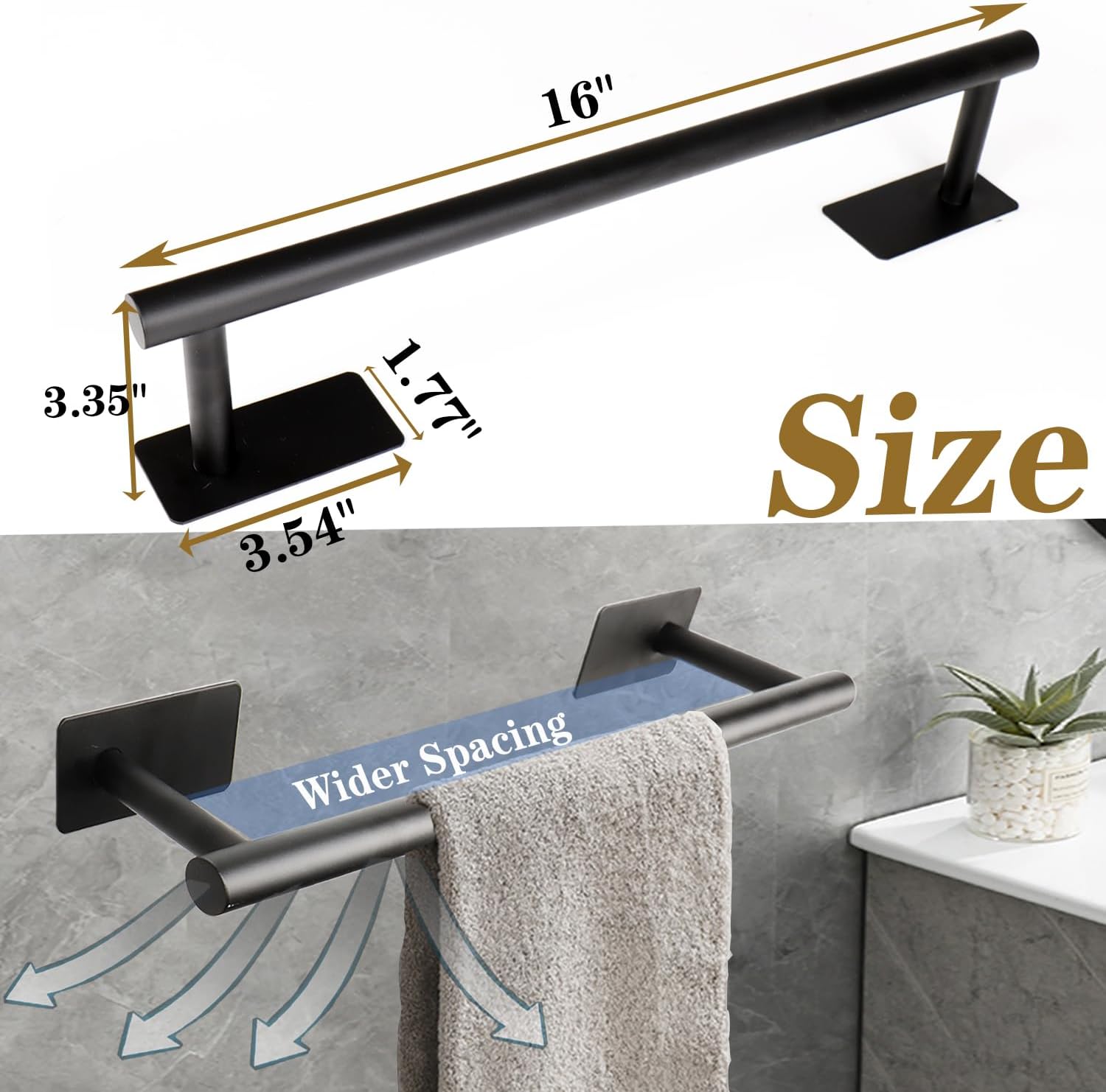 Self Adhesive Bath Towel Bar, Stainless Steel Towel Racks for Bathroom No Drilling Heavy Duty Towel Holder Stick on Wall Sturdy and Rustproof Towel Hanger for Bathroom(Matte Black,16In)
