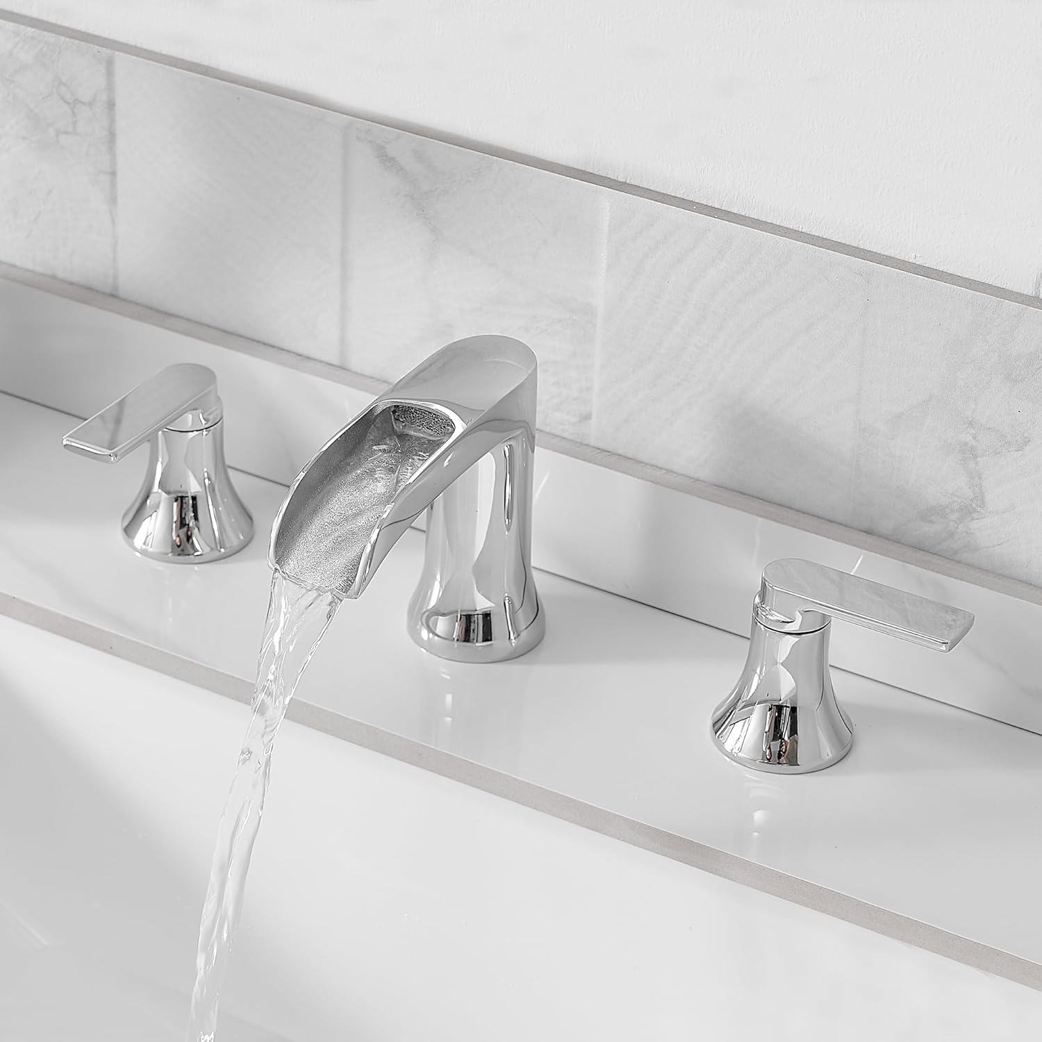 Chrome Deck Mount Tub Faucet 3 Hole, Brass Widespread Waterfall Bathtub Faucet 2 Handle 8-16 Ins Bath Tub Faucets Set High Flow Faucet for Bathtub