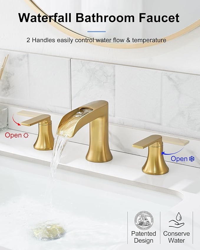 Brushed Gold Bathroom Faucet Waterfall, 4-16 Inch Brass Widespread Faucet for Bathroom Sink 3 Hole, 2 Handle Bathroom Sink Faucets for Modern Farmhouse Hotel with Pop-Up Drain & Supply Hose