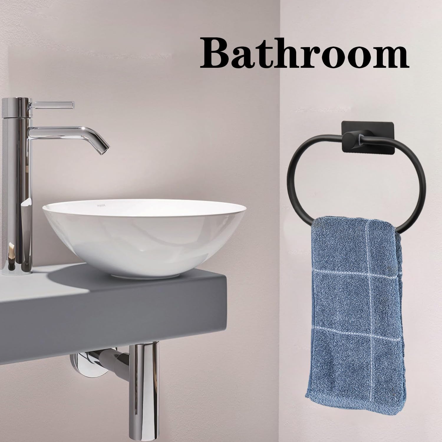 Oval Towel Ring, Strong Self Adhesive Hand Towel Holder, Thicken SUS304 Stainless Steel Stick Hand Towel Rack, No Drilling Wall Modern Hand Towel Hanger for Bathroom Kitchen(Matte Black)