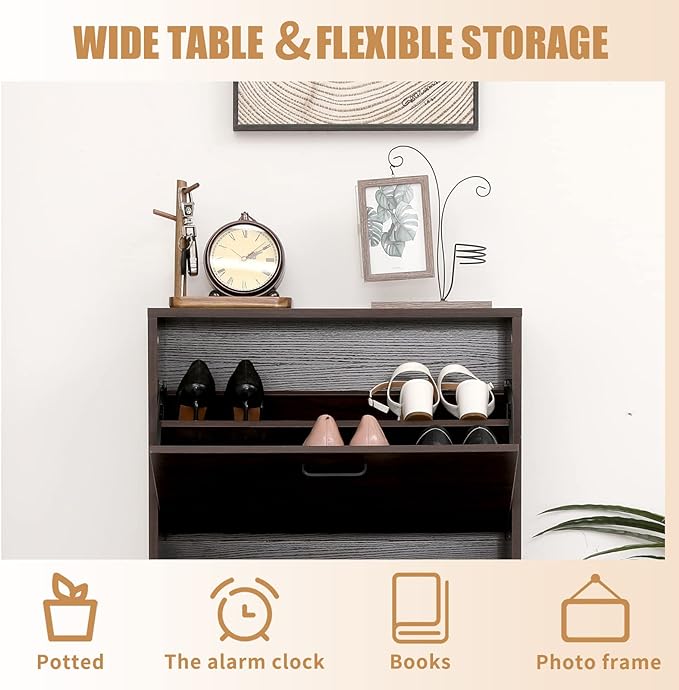 Shoe Cabinet with 3 Flip Drawers, Walnut Brown Freestanding Storage Racks