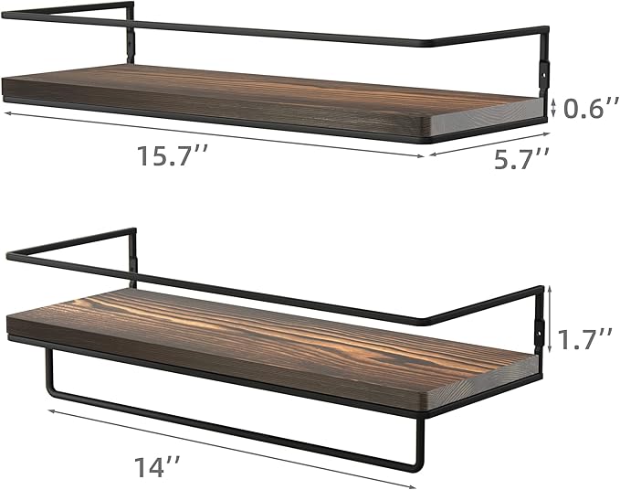 Floating Shelves for Wall Set of 2, Wall Mounted Storage Shelves with Metal Frame and Towel Rack for Bathroom