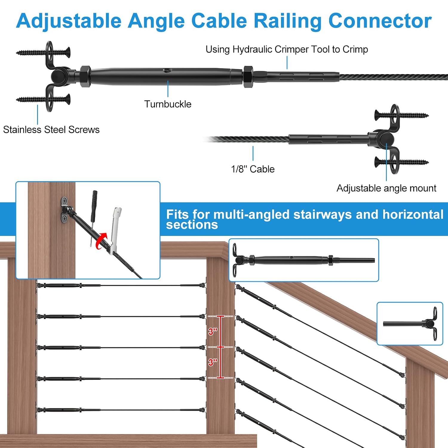 Complete Cable Railing Installation Bundle | 20-Pair 1/8" Adjustable Stair Railing Kit