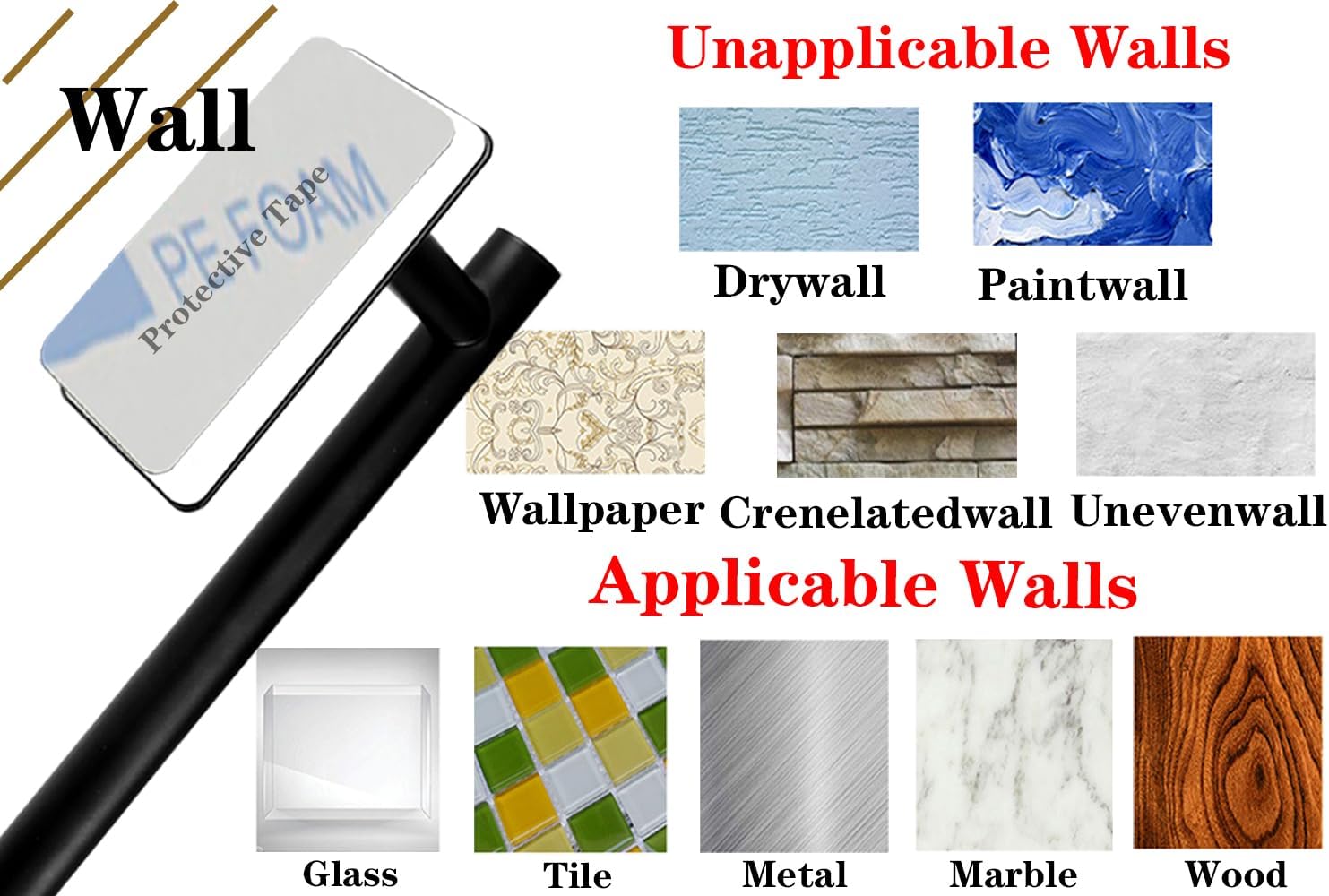 6 PCS Self Adhesive Bathroom Hardware Set, Stainless Steel Towel Rack Set - Adjustable 24In Bath Towel Bar+Toilet Paper Holder+3 Towel Hooks+Towel Ring Bathroom Accessory Kit(Matte Black)