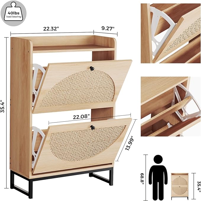 Shoe Cabinet with 2 Handmade Natural Rattan Flip Drawers