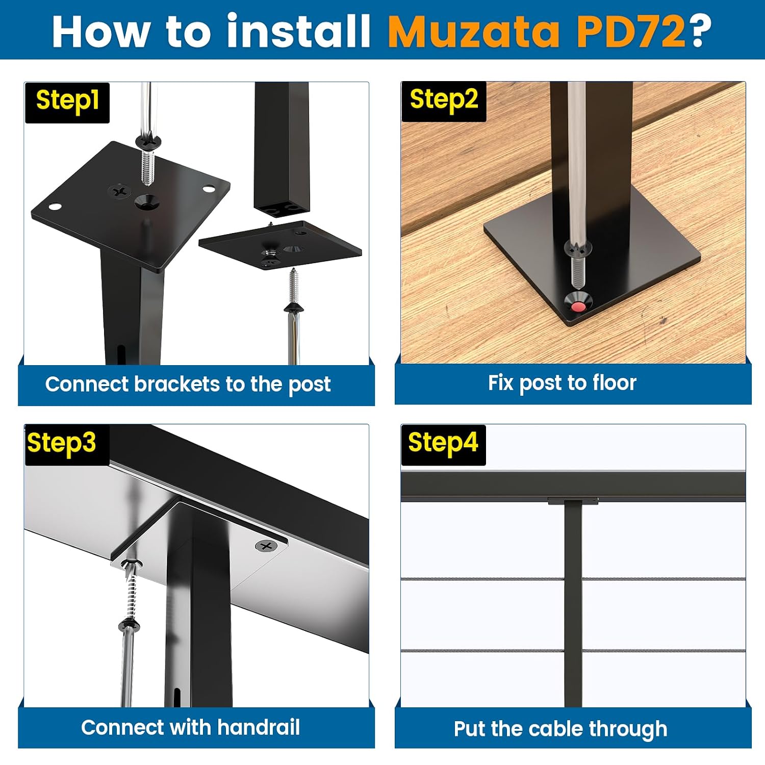 2Pack Black Aluminum Intermediate Cable Railing Post Level drilled 36" x3/4" Surface Mount Cable Railing System Kit