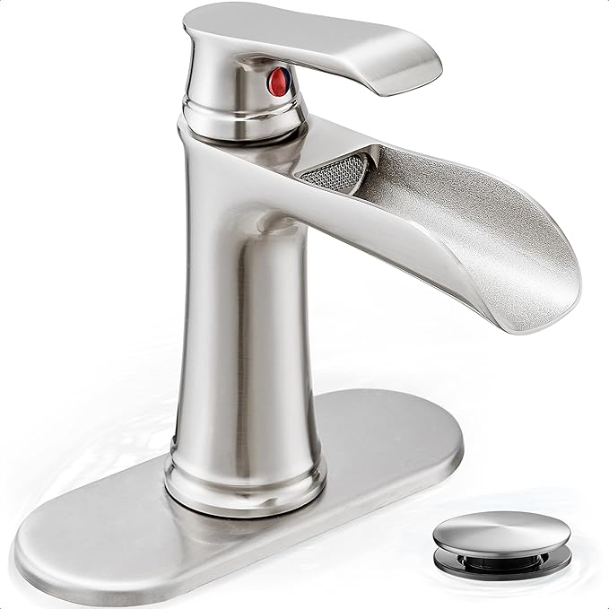 Waterfall Bathroom Faucet, Brass Brushed Nickel Bathroom Faucets, Single Handle Bathroom Sink Faucet, 4 Inch Vanity Faucet 1 Hole or 3 Holes with Drain Deck Plate & Supply Hoses for RV Lavatory
