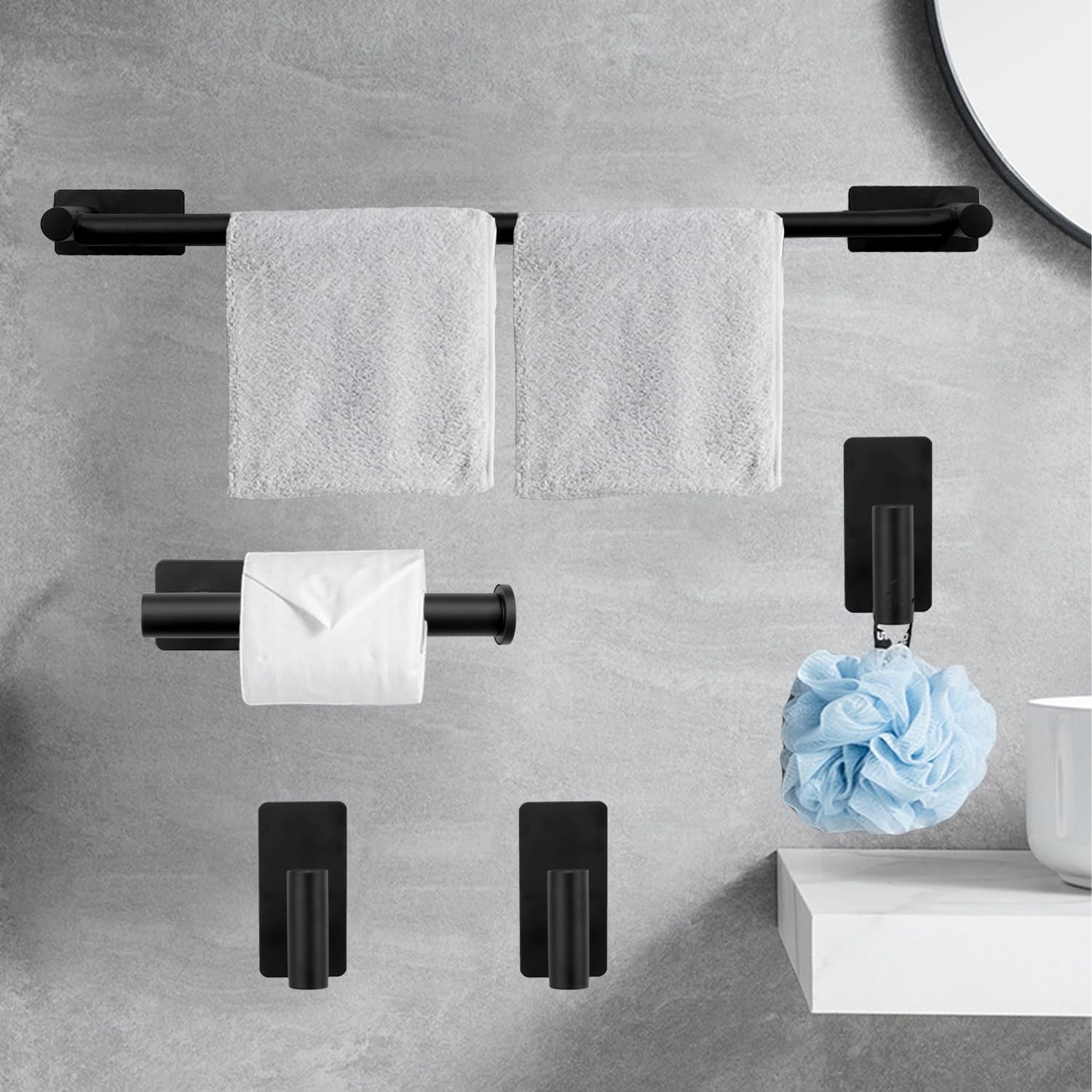 5 PCS Self Adhesive Bathroom Hardware Set, Stainless Steel Towel Rack Set Include Adjustable 24In Bath Towel Bar+Toilet Paper Holder+3 Towel/Robe Hooks Bathroom Accessory Kit(Brushed Nickel)