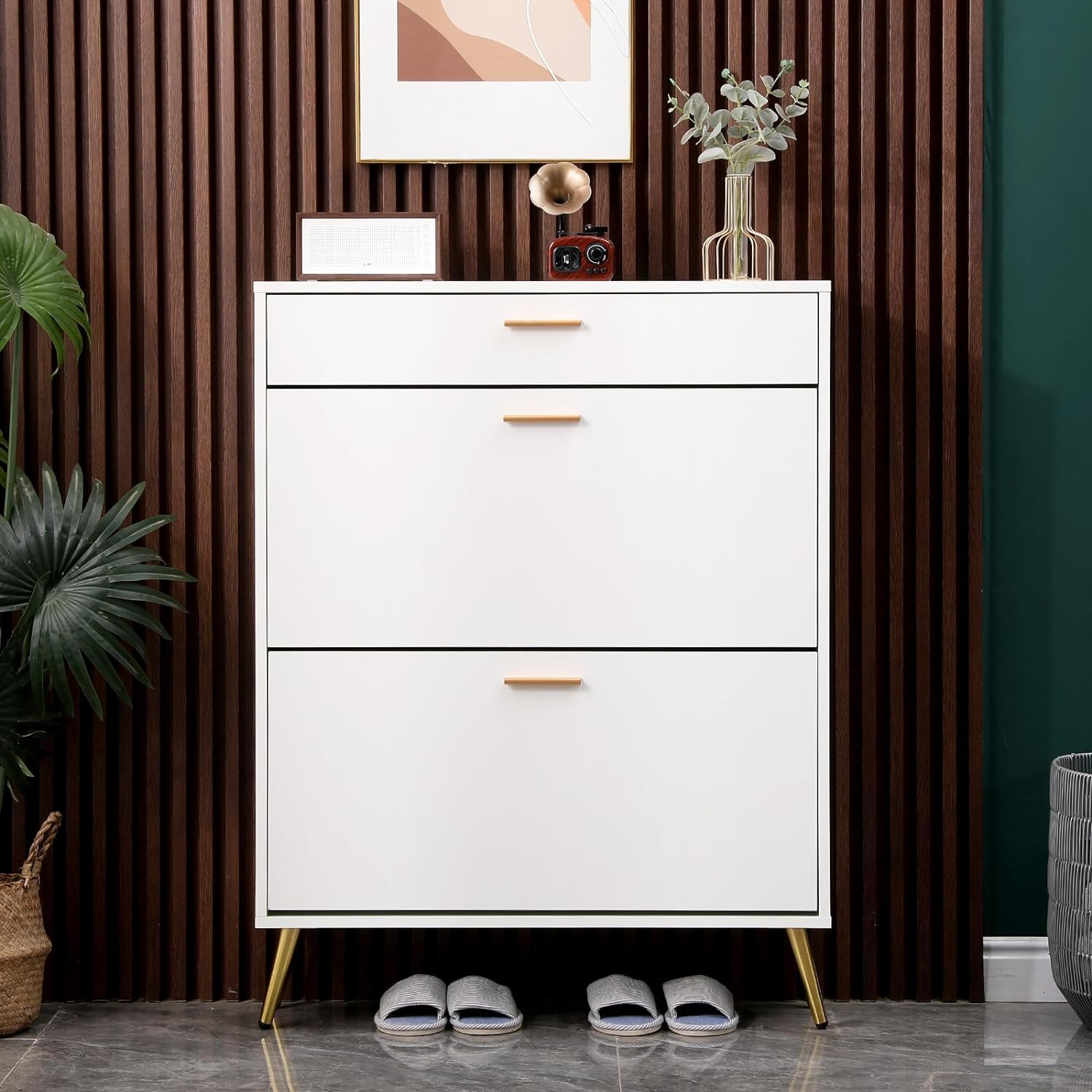 Shoe Cabinet with Metal Legs for Entryway, White Freestanding Storage Rack