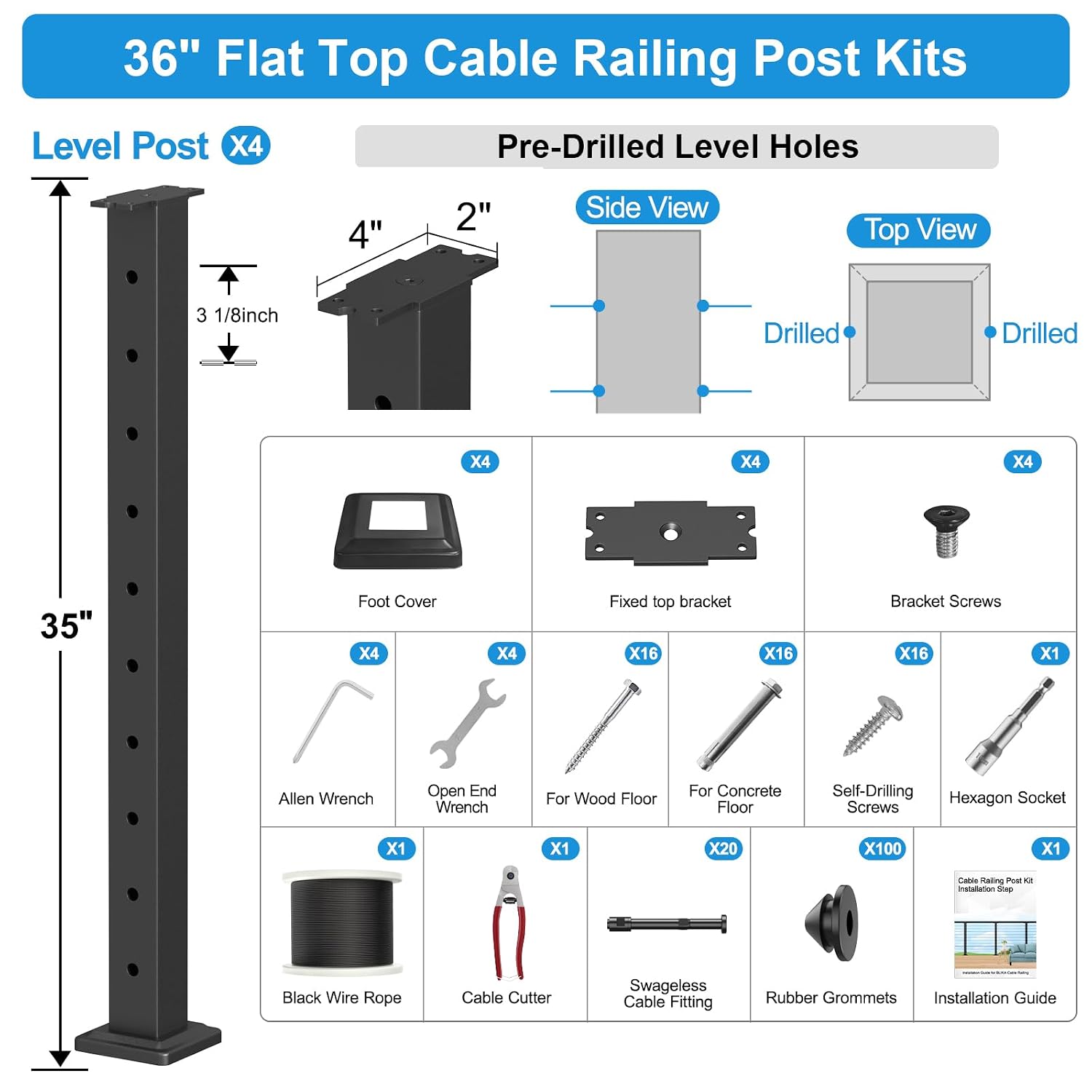 12FT-20FT 36" Cable Railing Post Kits, Flat Top Cable Post System
