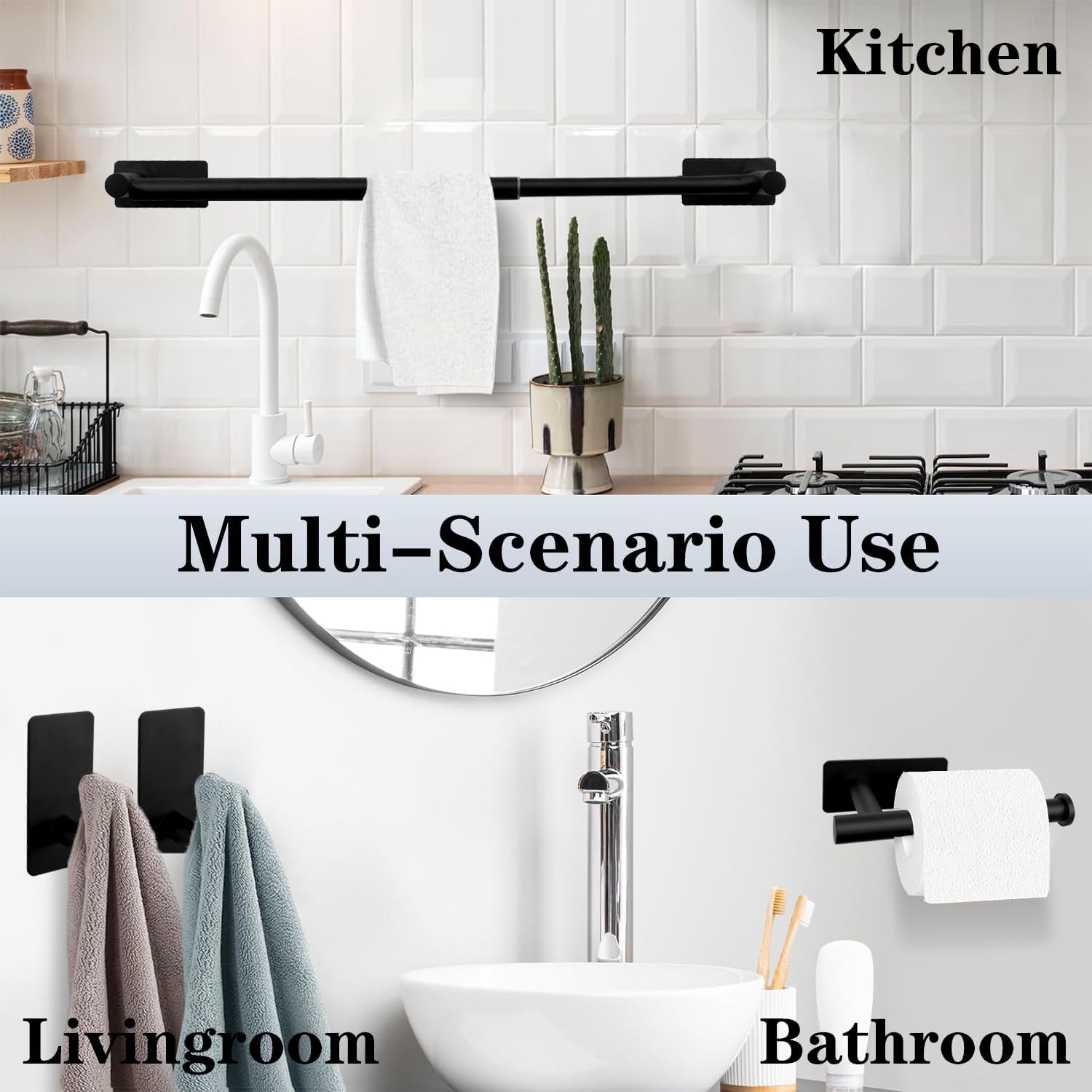 5 PCS Self Adhesive Bathroom Hardware Set, Stainless Steel Towel Rack Set Include Adjustable 24In Bath Towel Bar+Toilet Paper Holder+3 Towel/Robe Hooks Bathroom Accessory Kit(Brushed Nickel)