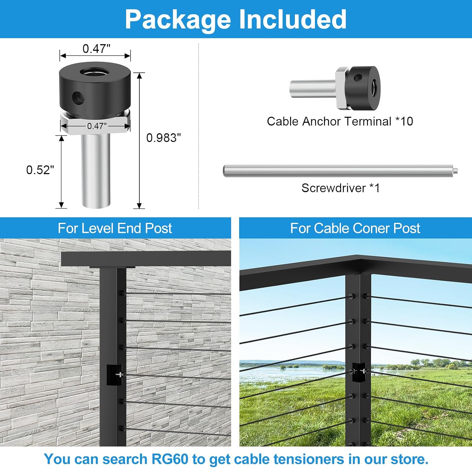Complete Cable Railing System Bundle - 36" Side Mount Post with 10-Pack Cable Railing Terminal Ends