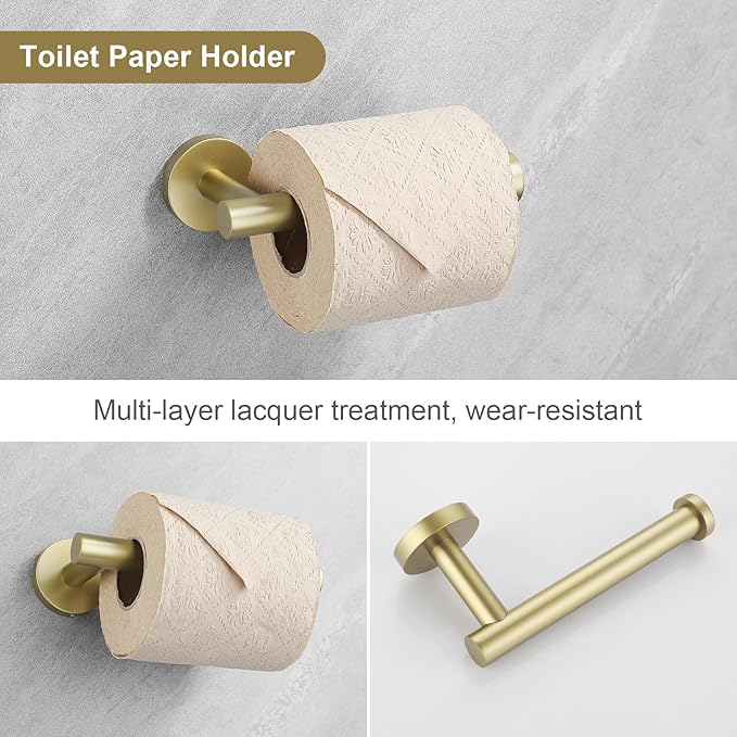 Bathroom Towel Holder Set, 5-Piece Towel Bar Set Brushed Gold Steel Wall Mounted Bathroom Hardware Accessories