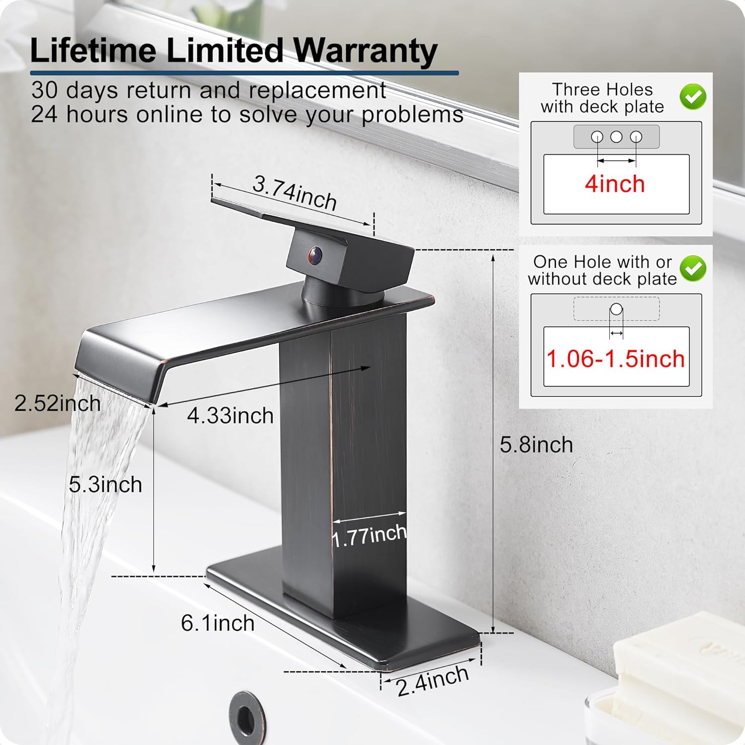 Oil Rubbed Bronze Bathroom Faucet Waterfall Faucet, Brass Single Handle Bathroom Sink Faucet 1 Hole or 3 Holes, 4 Inch Bathroom Faucets with Deck Plate & Pop-Up Drain for Farmhouse Quick Install