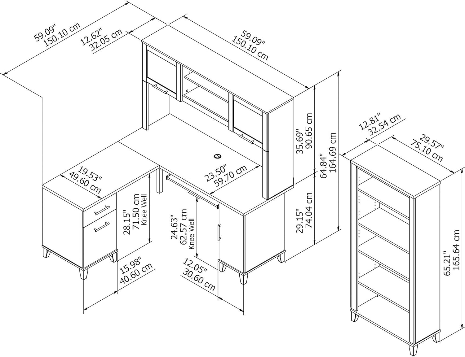 60W L Shaped Desk with Hutch and 5 Shelf Bookcase