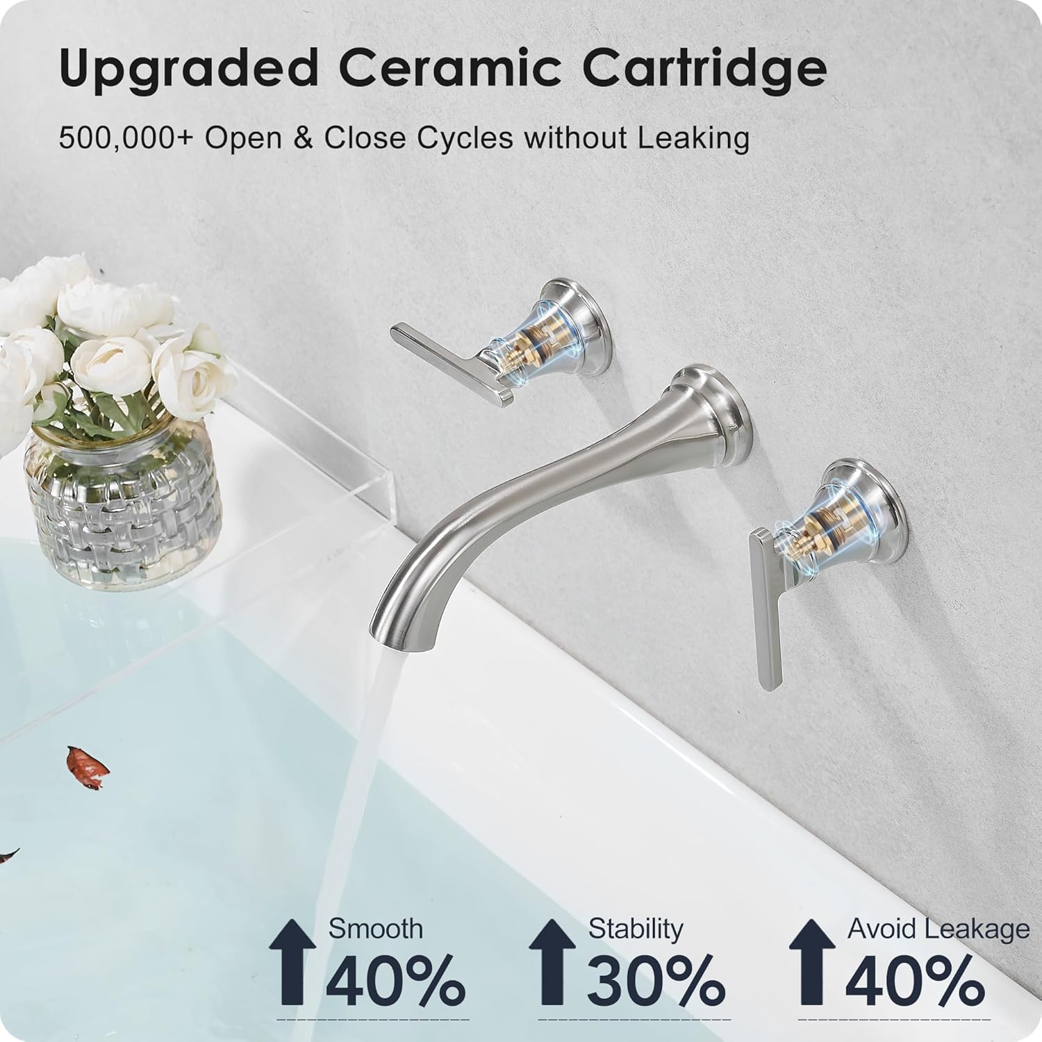 Brass Wall Mount Tub Filler, High Flow 8" Spout Reach Brushed Nickel Bathtub Faucet, 2 Handles Tub Faucets, Rough in Valve Included