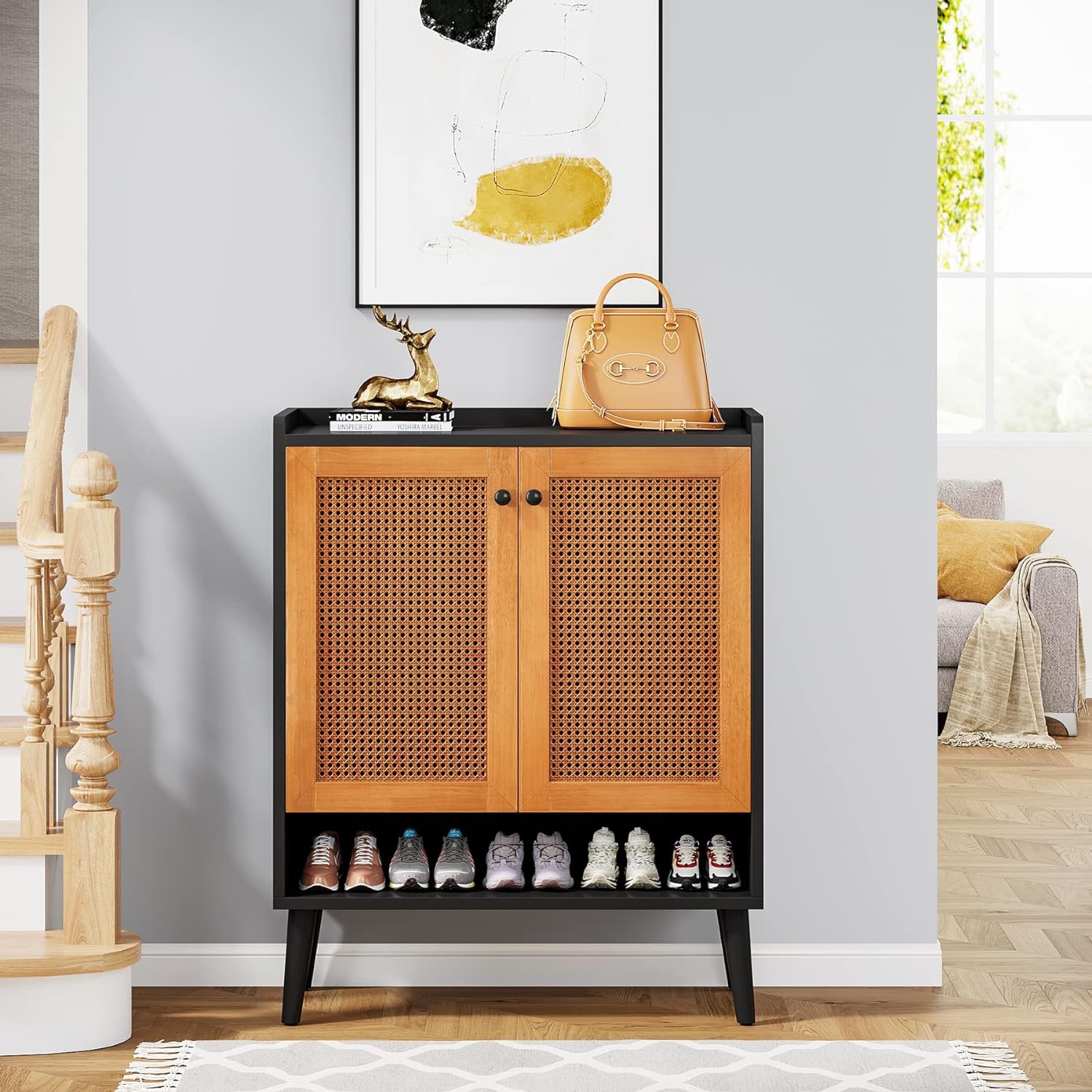 Shoe Cabinet with Door, Natural Handmade Rattan Shoe Storage Cabinet