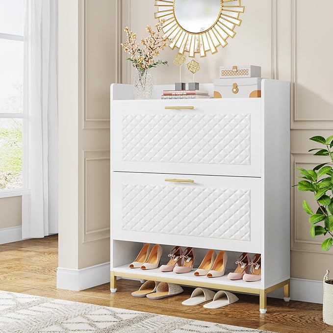 2 Flip Drawers Shoe Cabinet, Modern Freestanding Tipping Bucket Shoes Storage Organizer