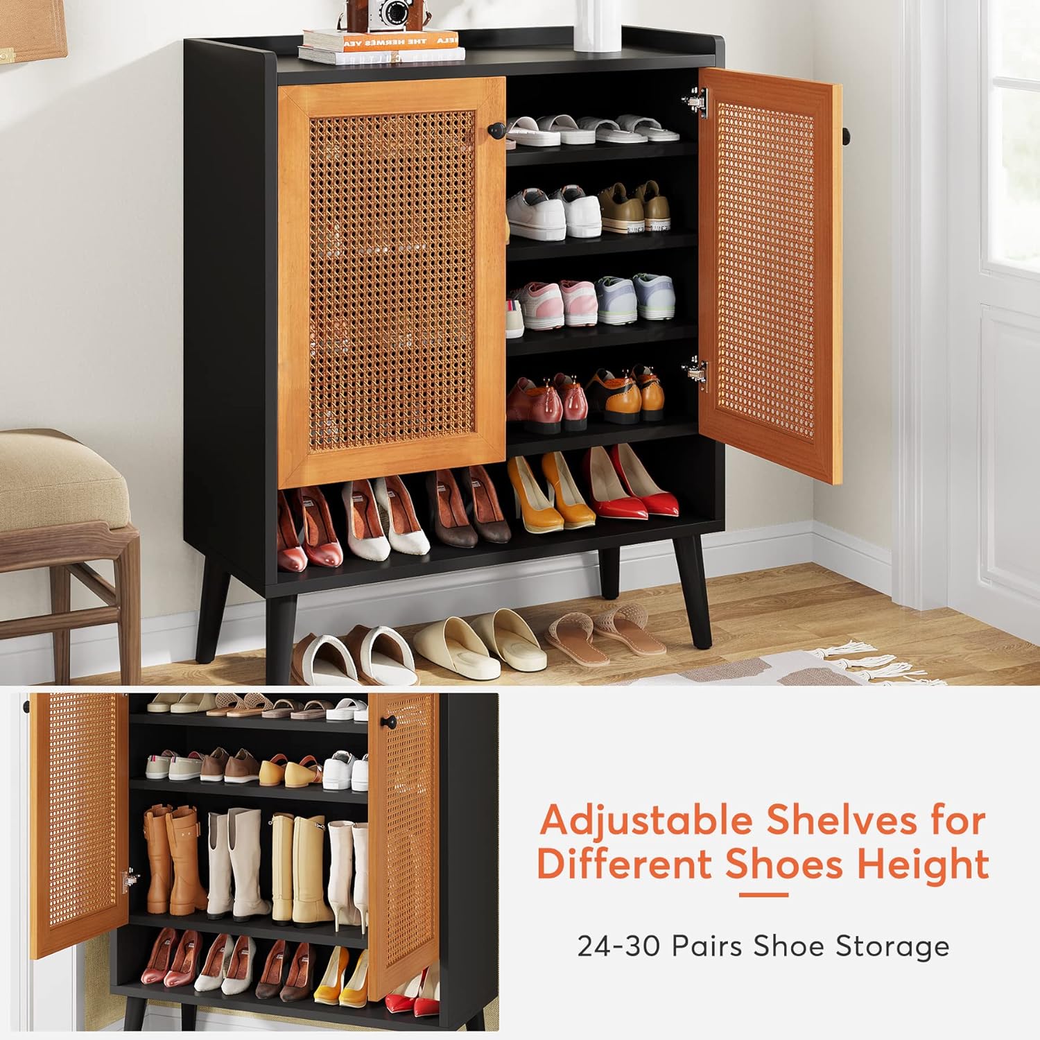 Shoe Cabinet with Door, Natural Handmade Rattan Shoe Storage Cabinet