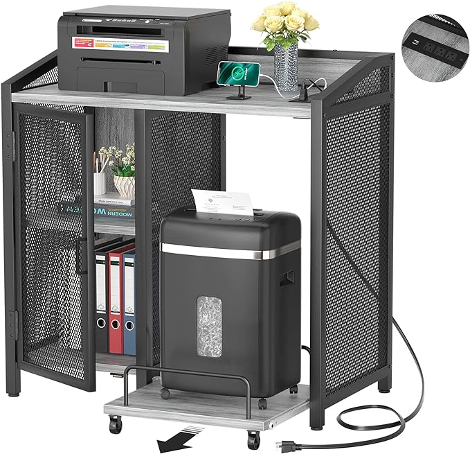 Printer Stand with Storage, Lateral Office Filing Cabinets with Socket and USB Charging Port