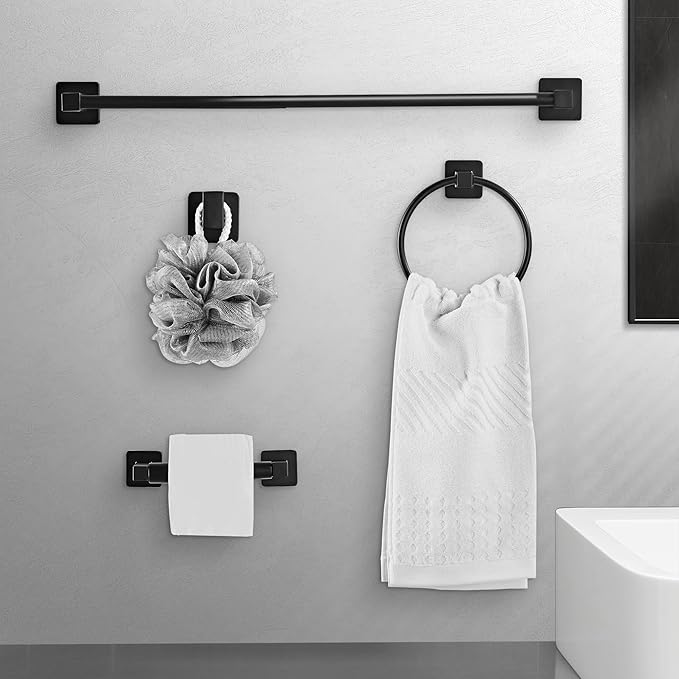 Matte Black Bathroom Hardware Set 4 Pieces,Towel Bar Set Stainless Steel Wall Mounted, Includes 16In Hand Towel Bar