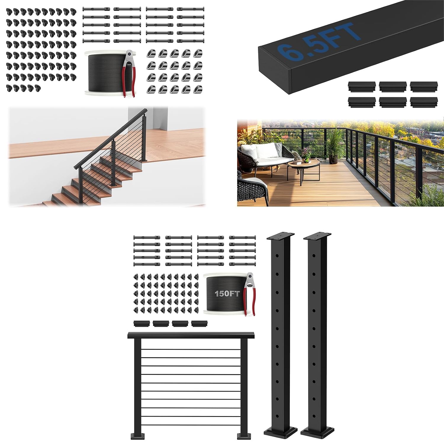 36" Complete Set Stair Cable Railing Post Kits, Wire Railing System