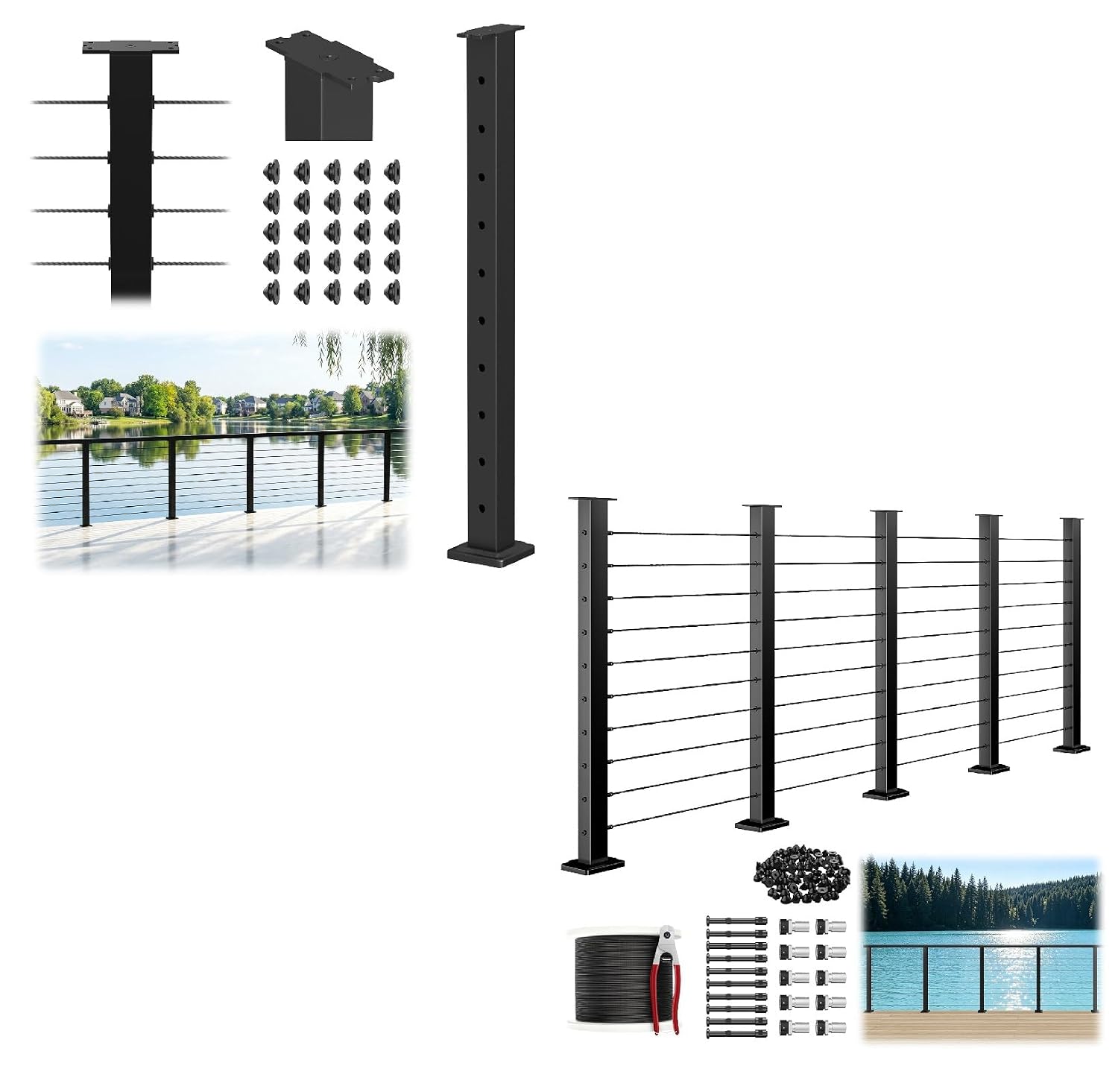 16FT-20FT Swageless Complete Set Black Cable Railing Post Kits