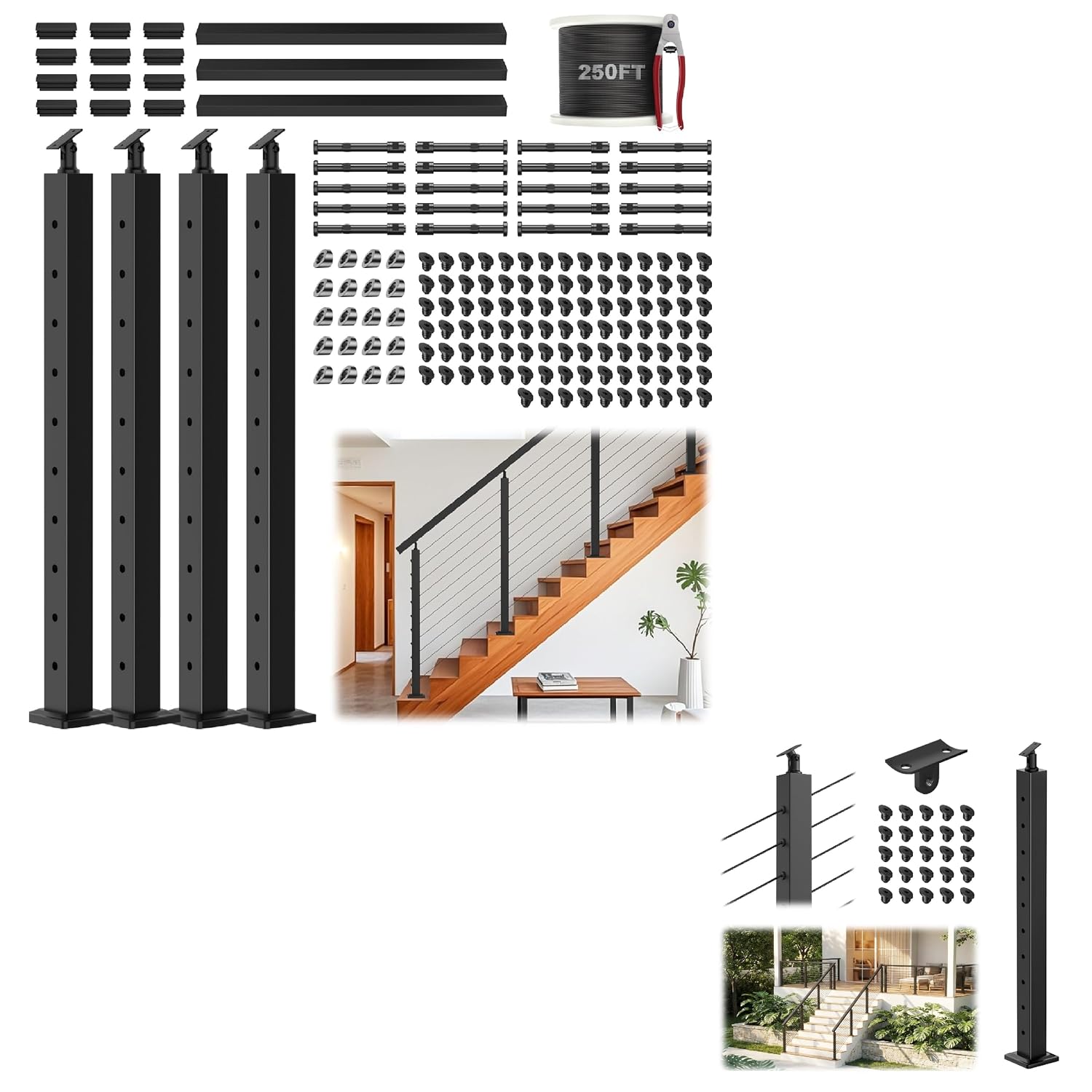 12-20FT Complete Stair Cable Railing System with Handrails, 36"